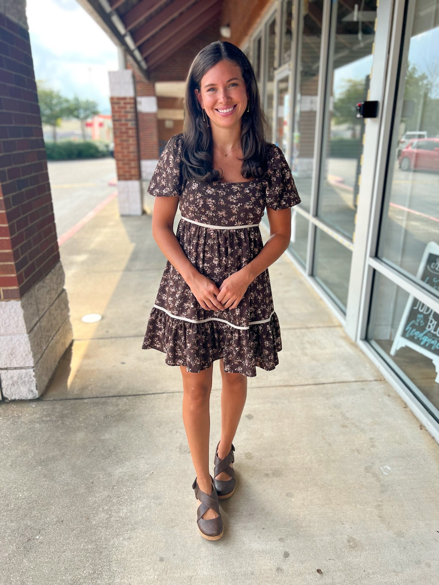 No Excuses Brown Floral Dress with Short Puff Sleeves - A'Bekah's Boutique