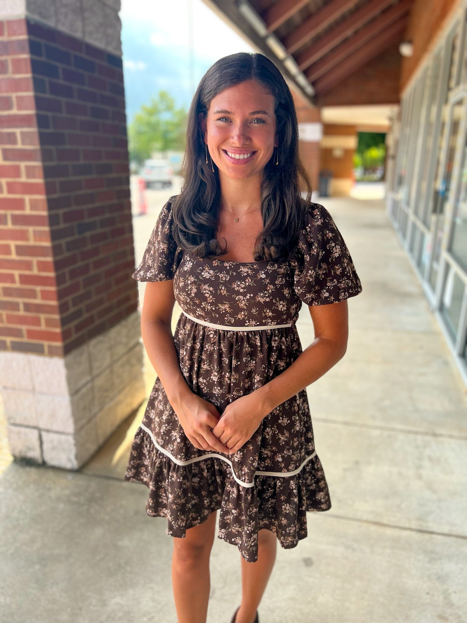No Excuses Brown Floral Dress with Short Puff Sleeves - A'Bekah's Boutique
