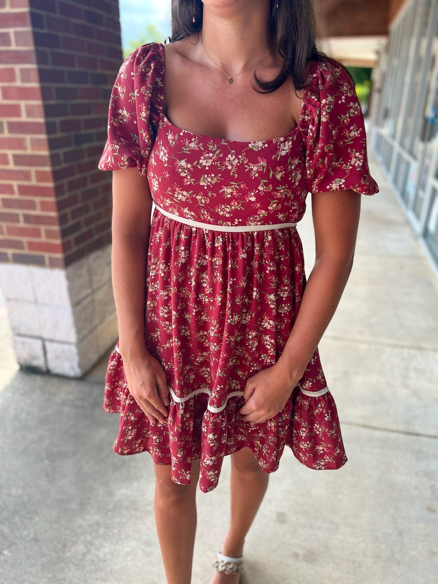 No Excuses Burgundy Floral Dress with Short Puff Sleeves - A'Bekah's Boutique