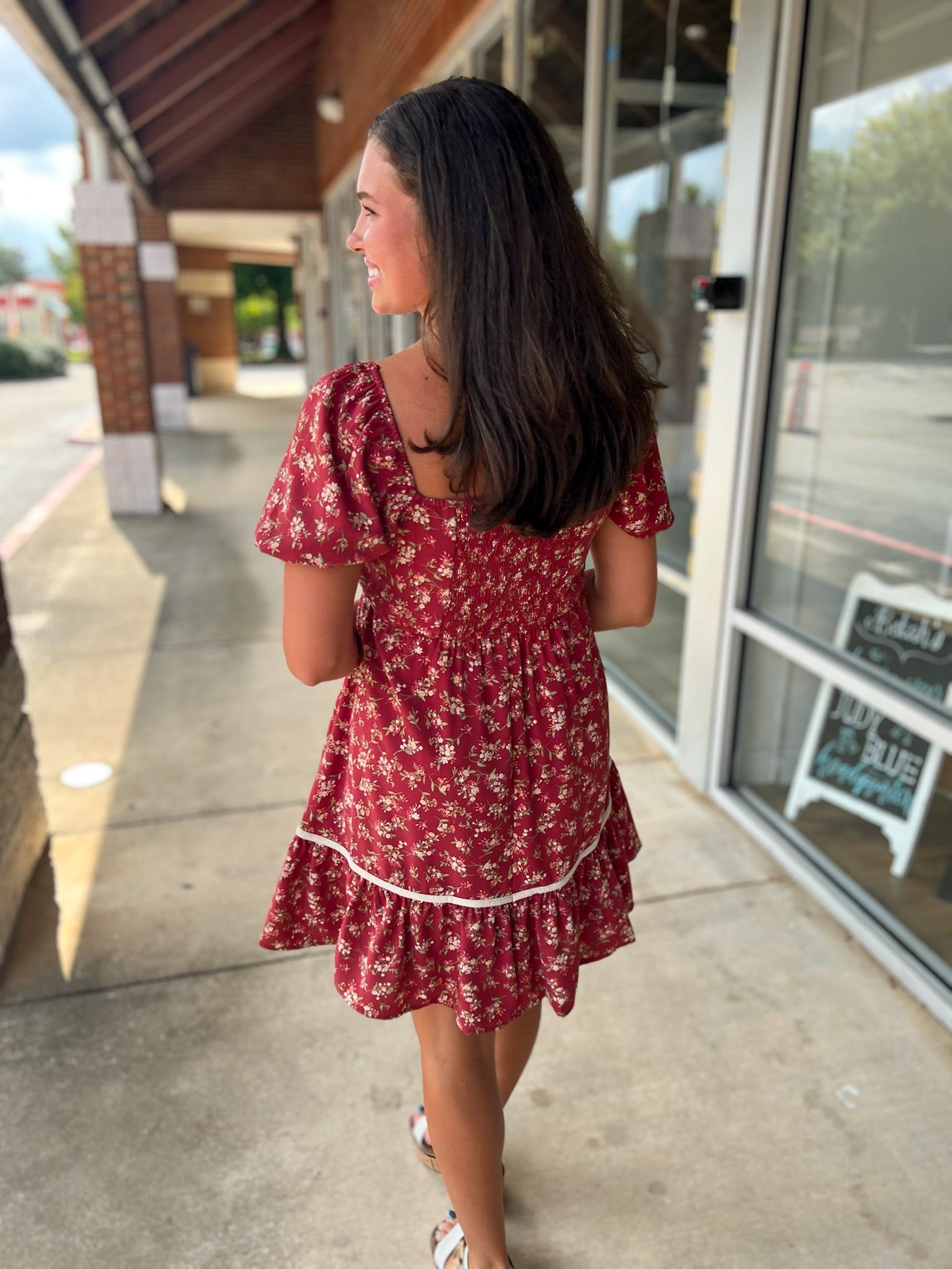 No Excuses Burgundy Floral Dress with Short Puff Sleeves - A'Bekah's Boutique