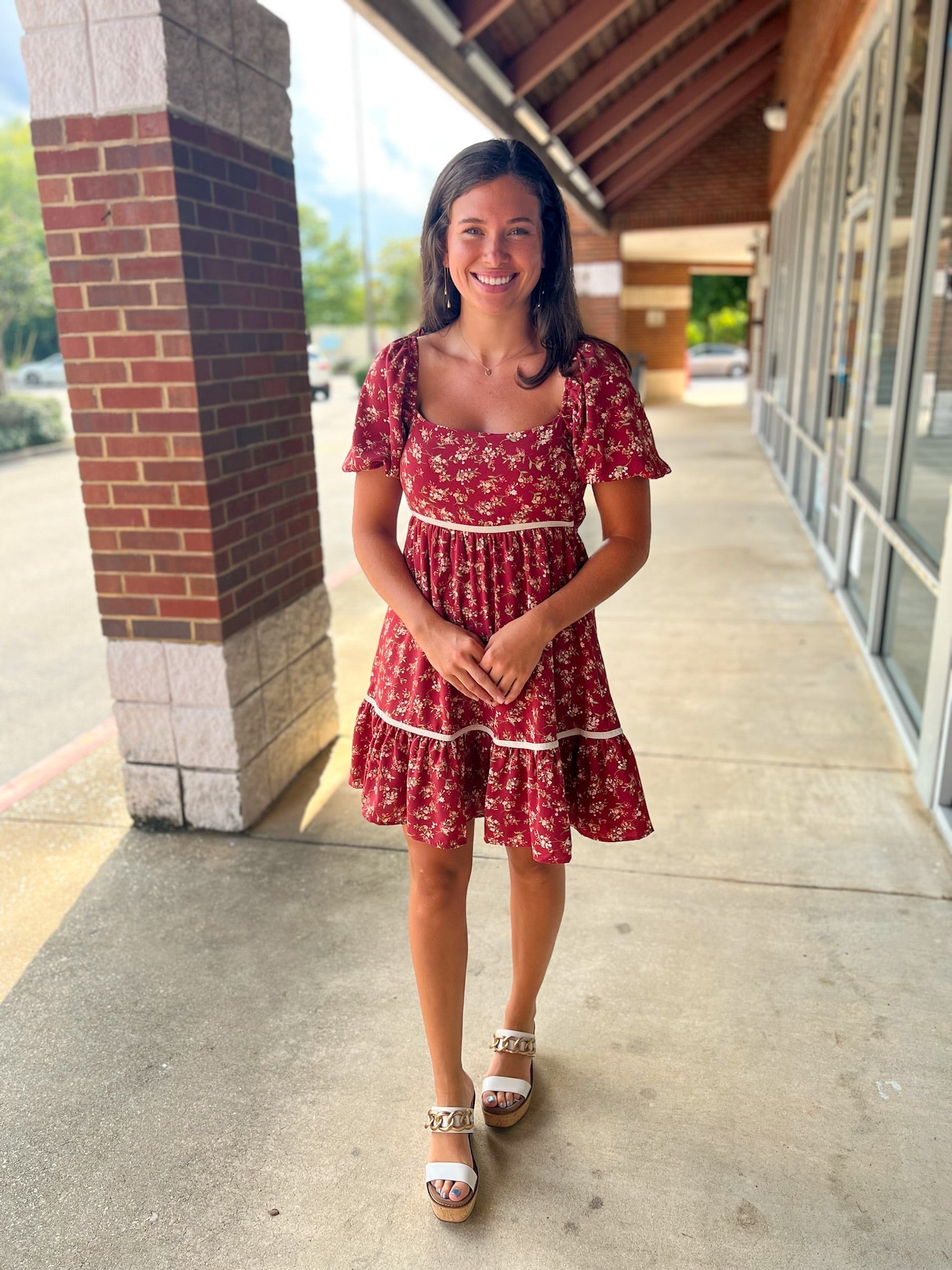 No Excuses Burgundy Floral Dress with Short Puff Sleeves - A'Bekah's Boutique