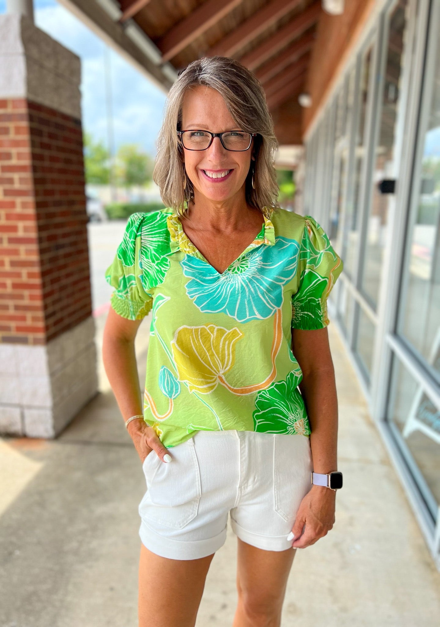 No Problems Green Floral V - Neck Short Sleeve Top - A'Bekah's Boutique