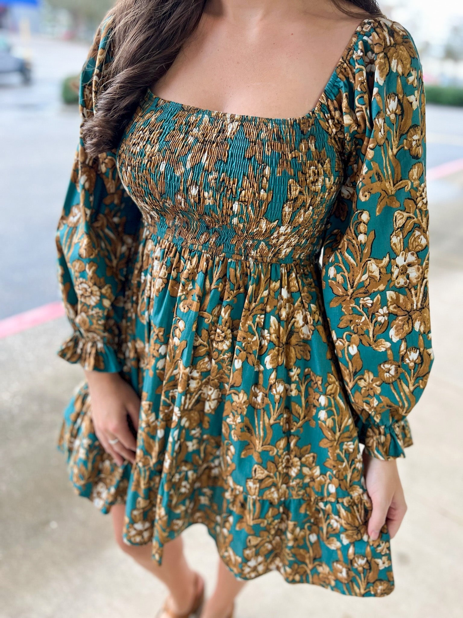 No Promises Emerald Floral Smocked Dress with 3/4 Length Sleeves - A'Bekah's Boutique