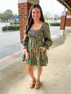 No Promises Emerald Floral Smocked Dress with 3/4 Length Sleeves - A'Bekah's Boutique