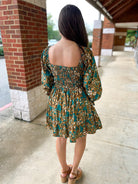 No Promises Emerald Floral Smocked Dress with 3/4 Length Sleeves - A'Bekah's Boutique