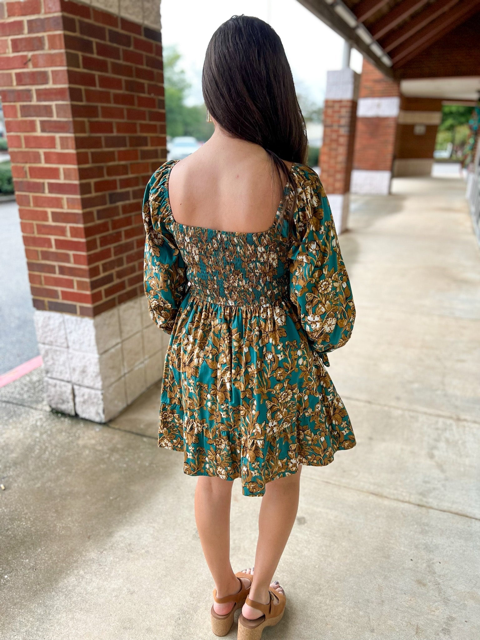 No Promises Emerald Floral Smocked Dress with 3/4 Length Sleeves - A'Bekah's Boutique
