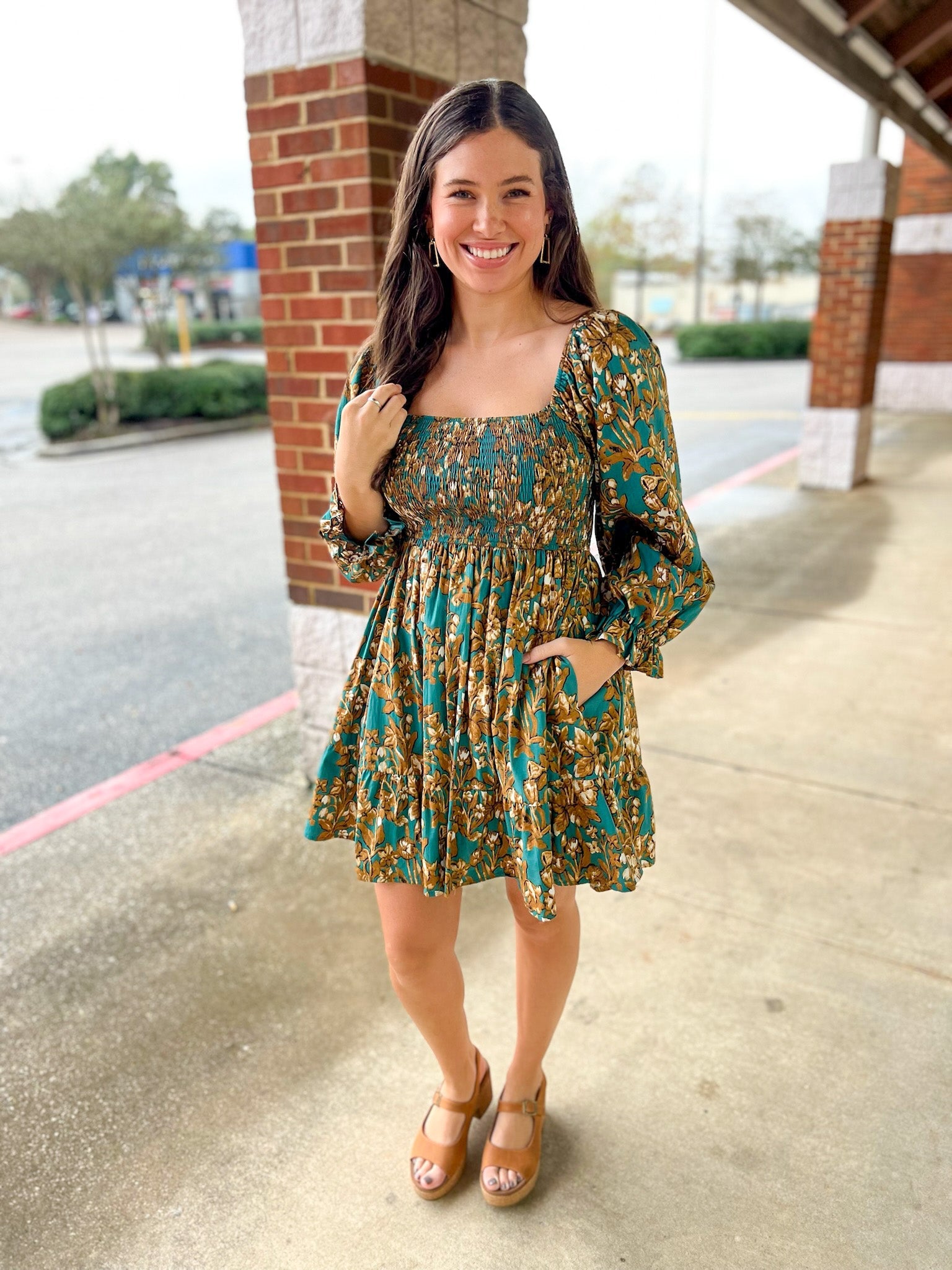 No Promises Emerald Floral Smocked Dress with 3/4 Length Sleeves - A'Bekah's Boutique