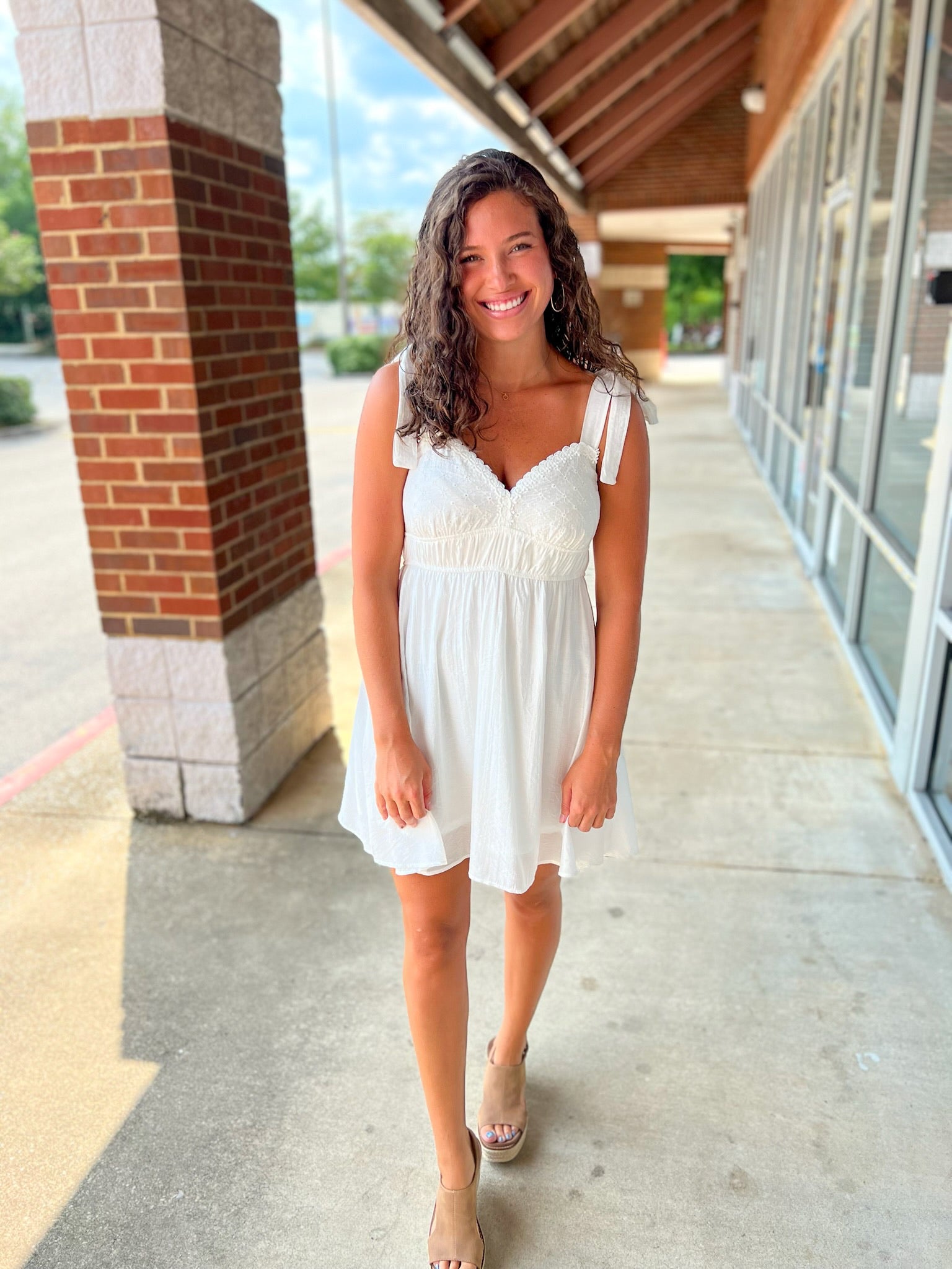 No Second Guesses White Eyelet Dress with Tie Shoulders - A'Bekah's Boutique