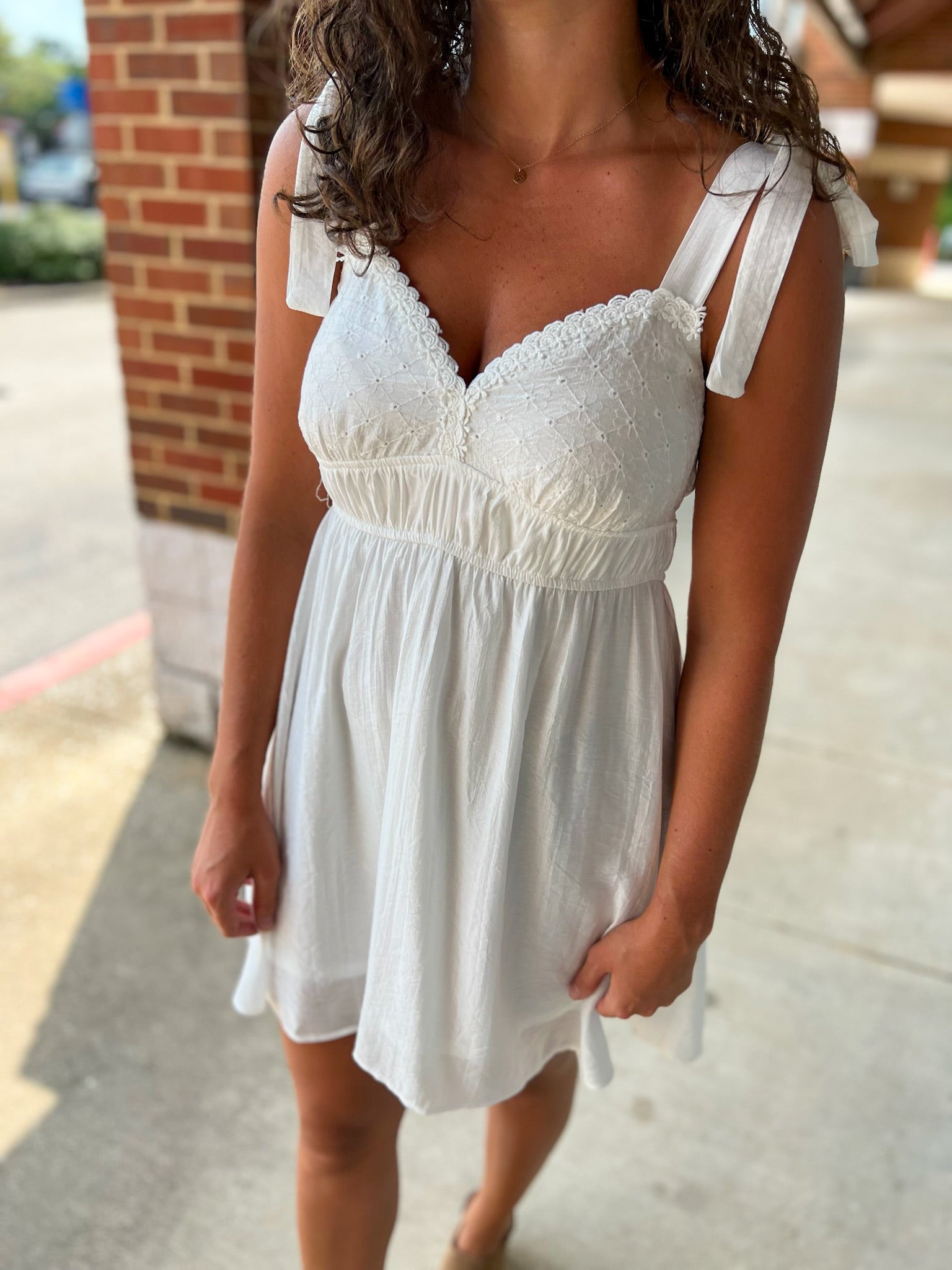 No Second Guesses White Eyelet Dress with Tie Shoulders - A'Bekah's Boutique