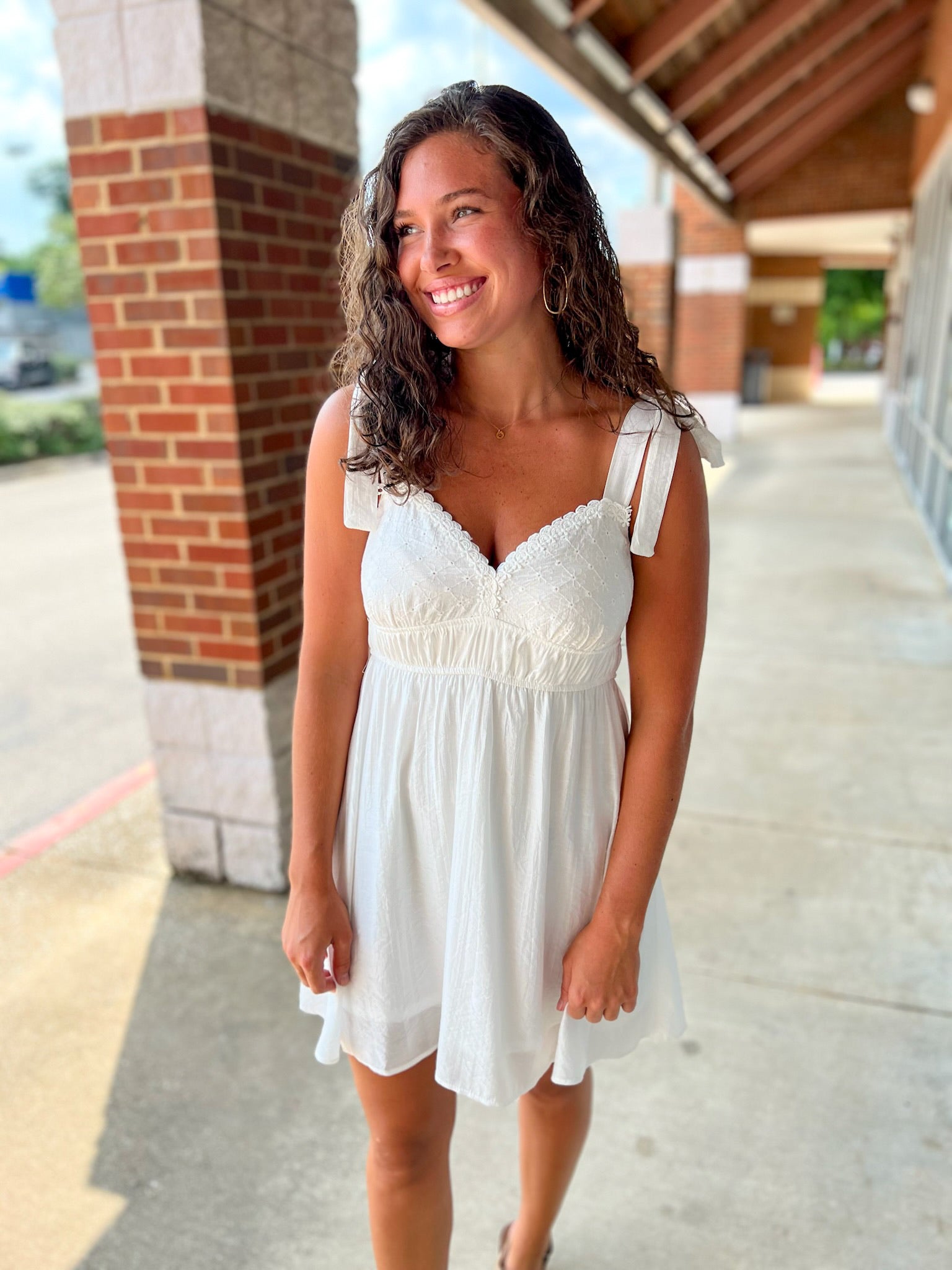 No Second Guesses White Eyelet Dress with Tie Shoulders - A'Bekah's Boutique