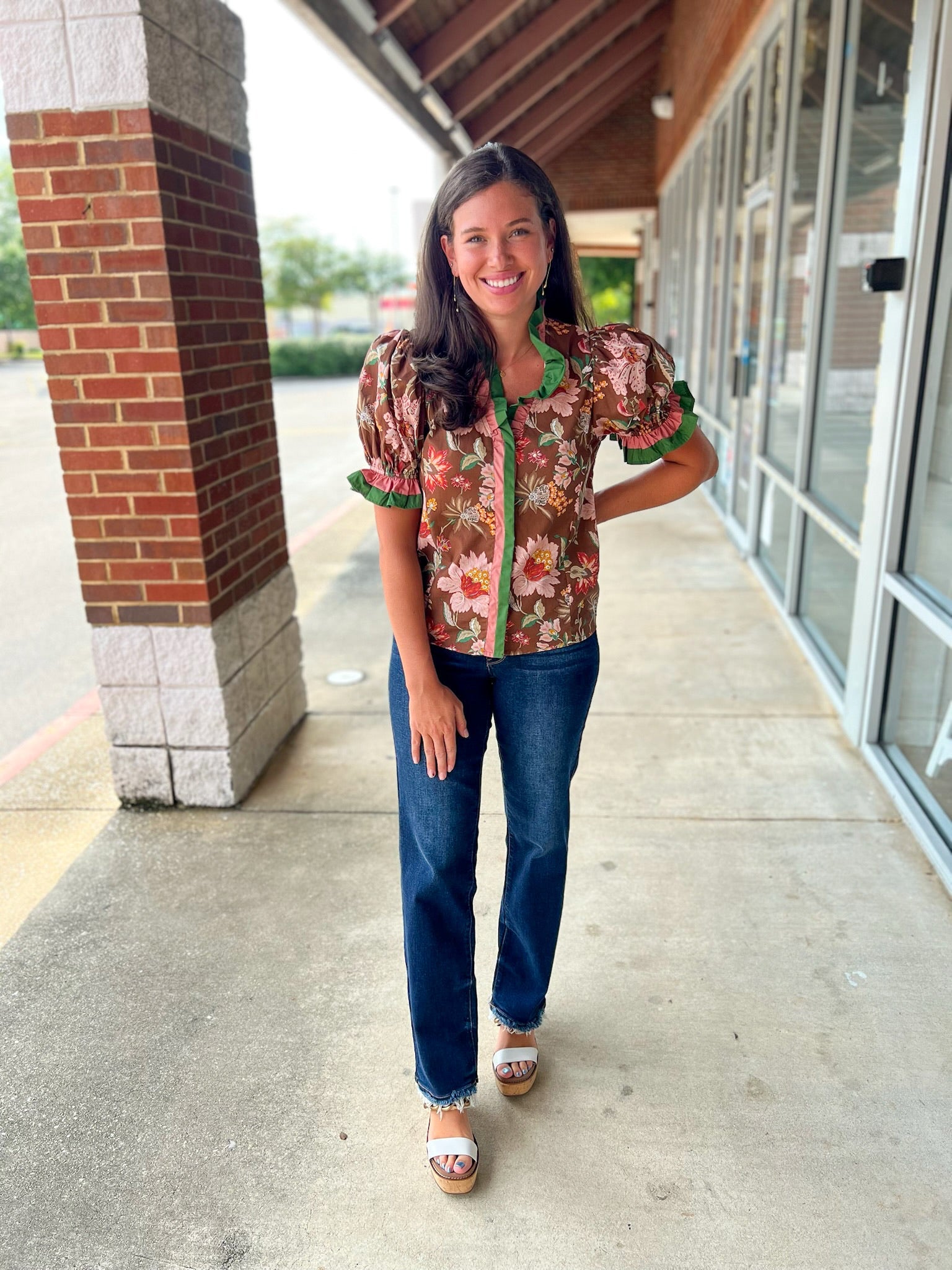 Not Alone Brown Floral Ruffle V - Neck Top (R) - A'Bekah's Boutique