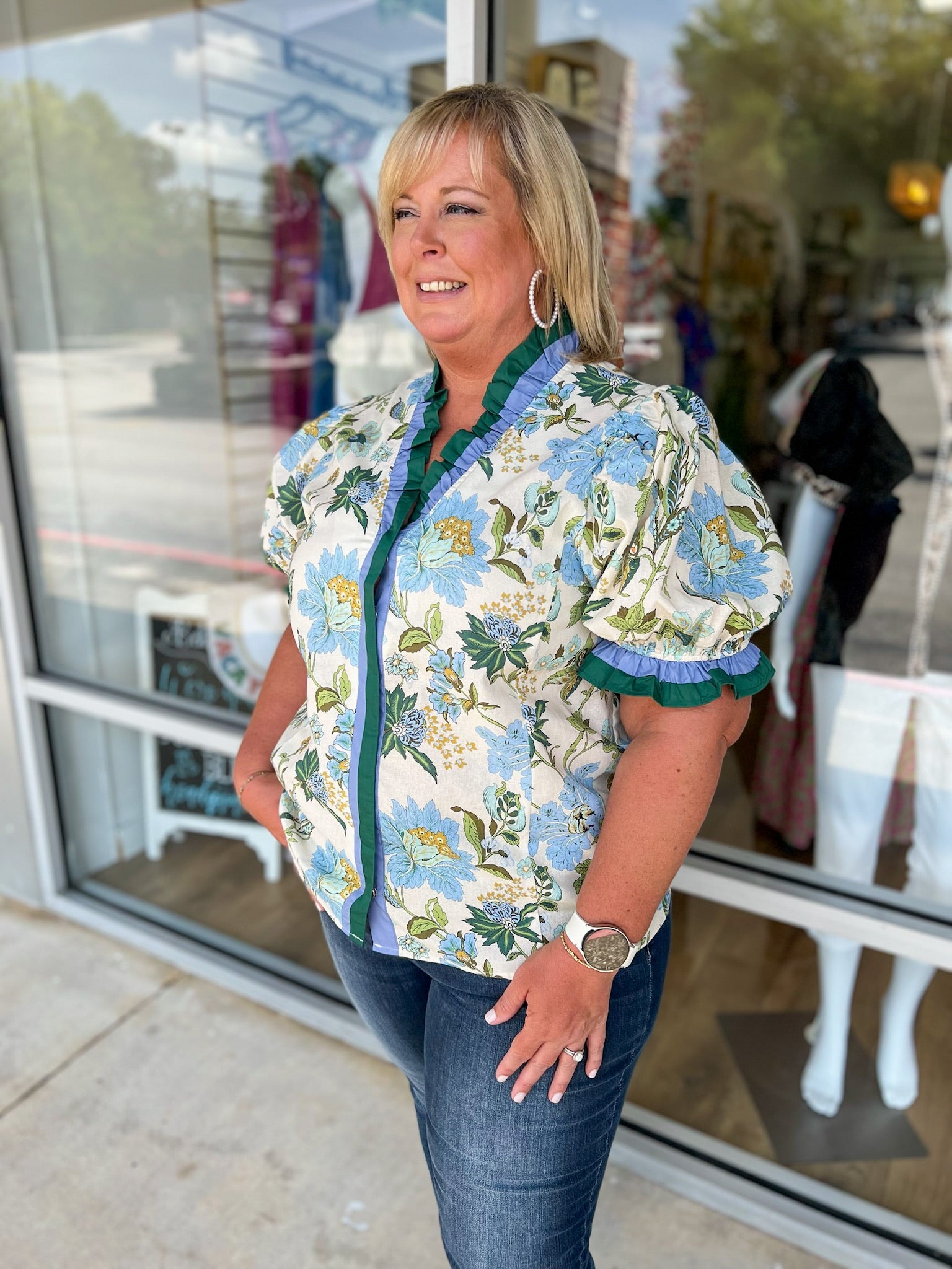 Not Alone Ecru Floral Ruffle V - Neck Top (C) - A'Bekah's Boutique