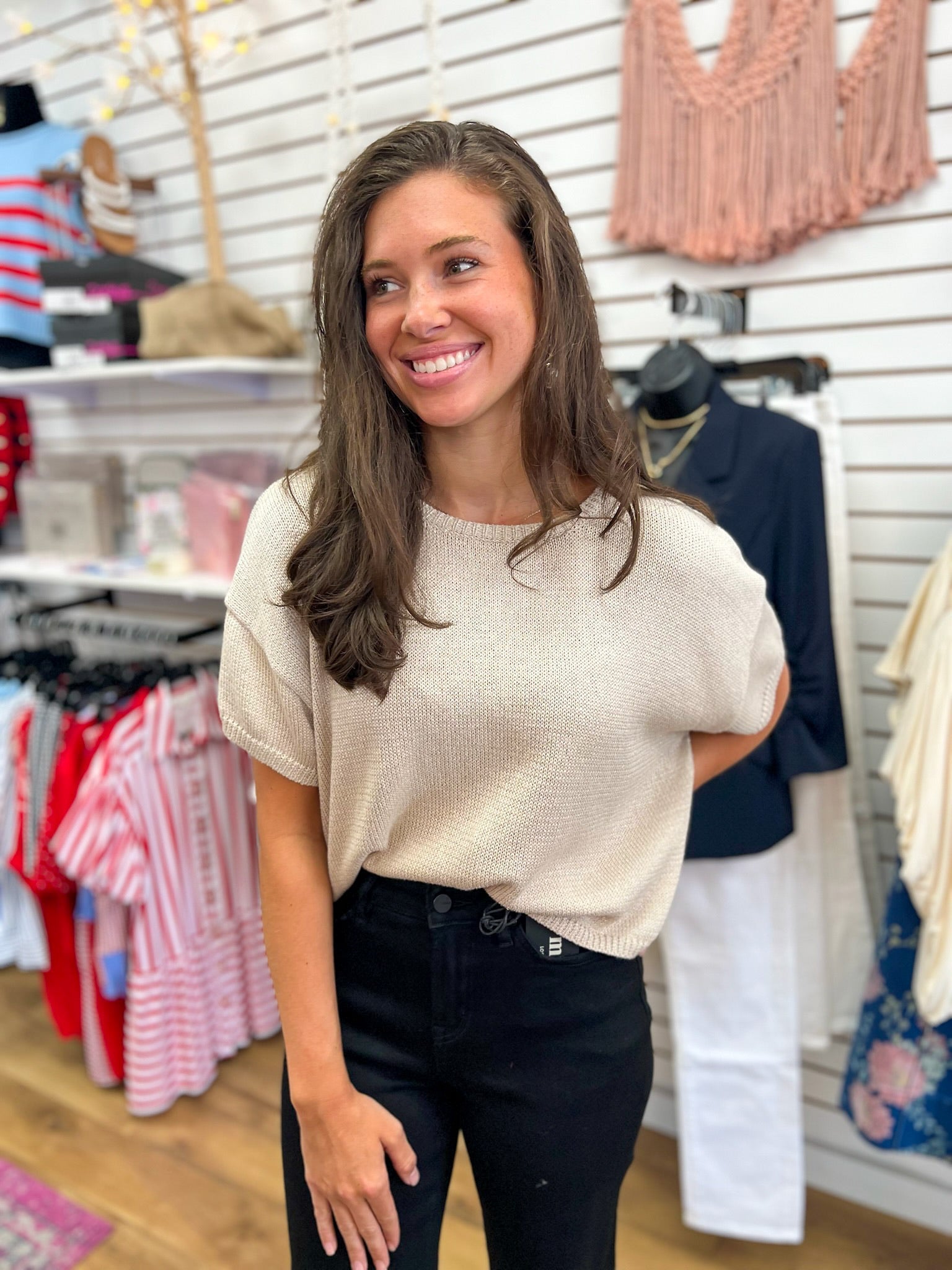 Oatmeal Cap Sleeve Sweater with Subtle Shimmer - A'Bekah's Boutique