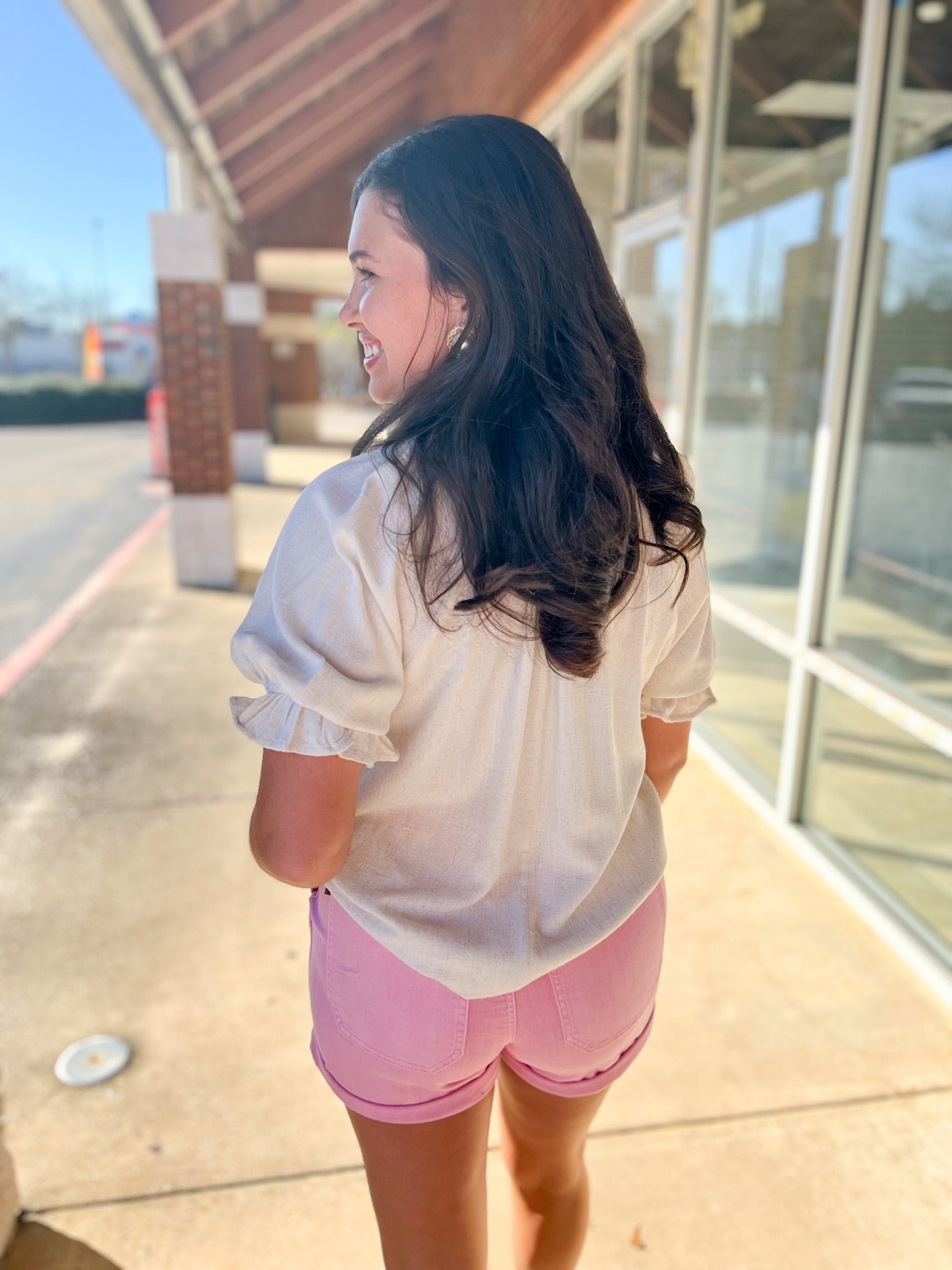 Oatmeal Linen Short Puff Sleeve Top with Scalloped Detail V - Neckline - A'Bekah's Boutique