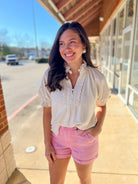 Oatmeal Linen Short Puff Sleeve Top with Scalloped Detail V - Neckline - A'Bekah's Boutique