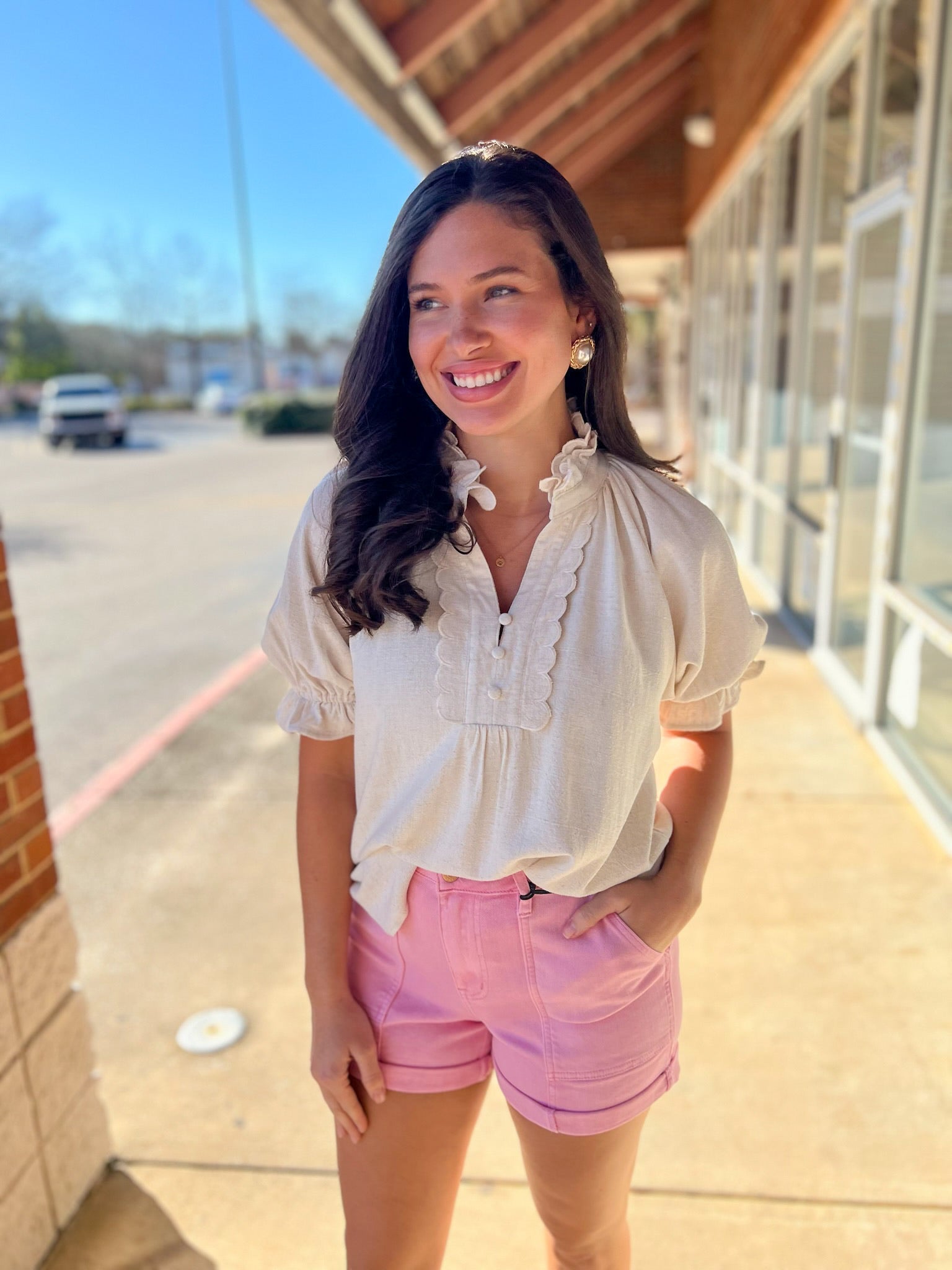 Oatmeal Linen Short Puff Sleeve Top with Scalloped Detail V - Neckline - A'Bekah's Boutique