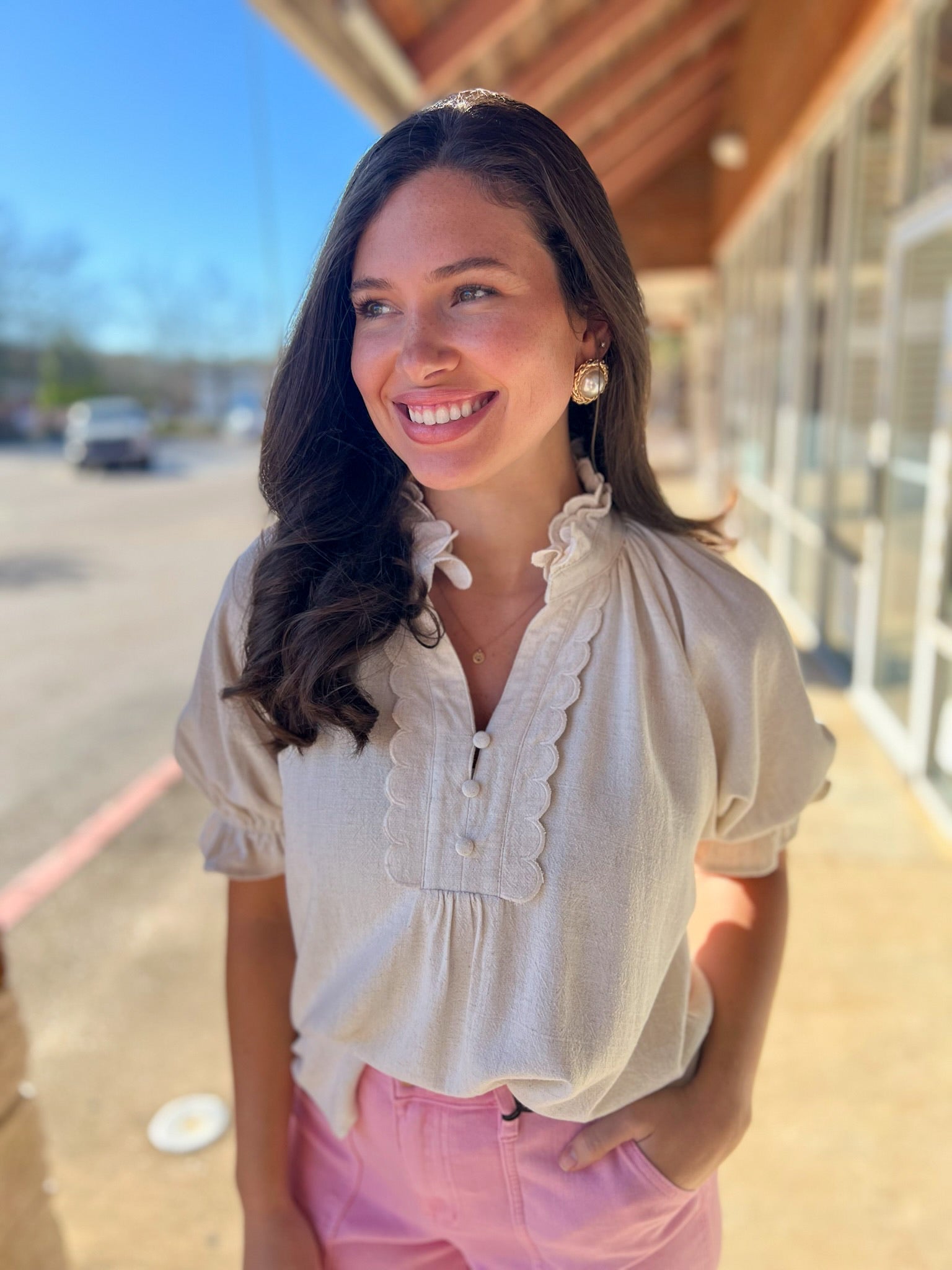 Oatmeal Linen Short Puff Sleeve Top with Scalloped Detail V - Neckline - A'Bekah's Boutique