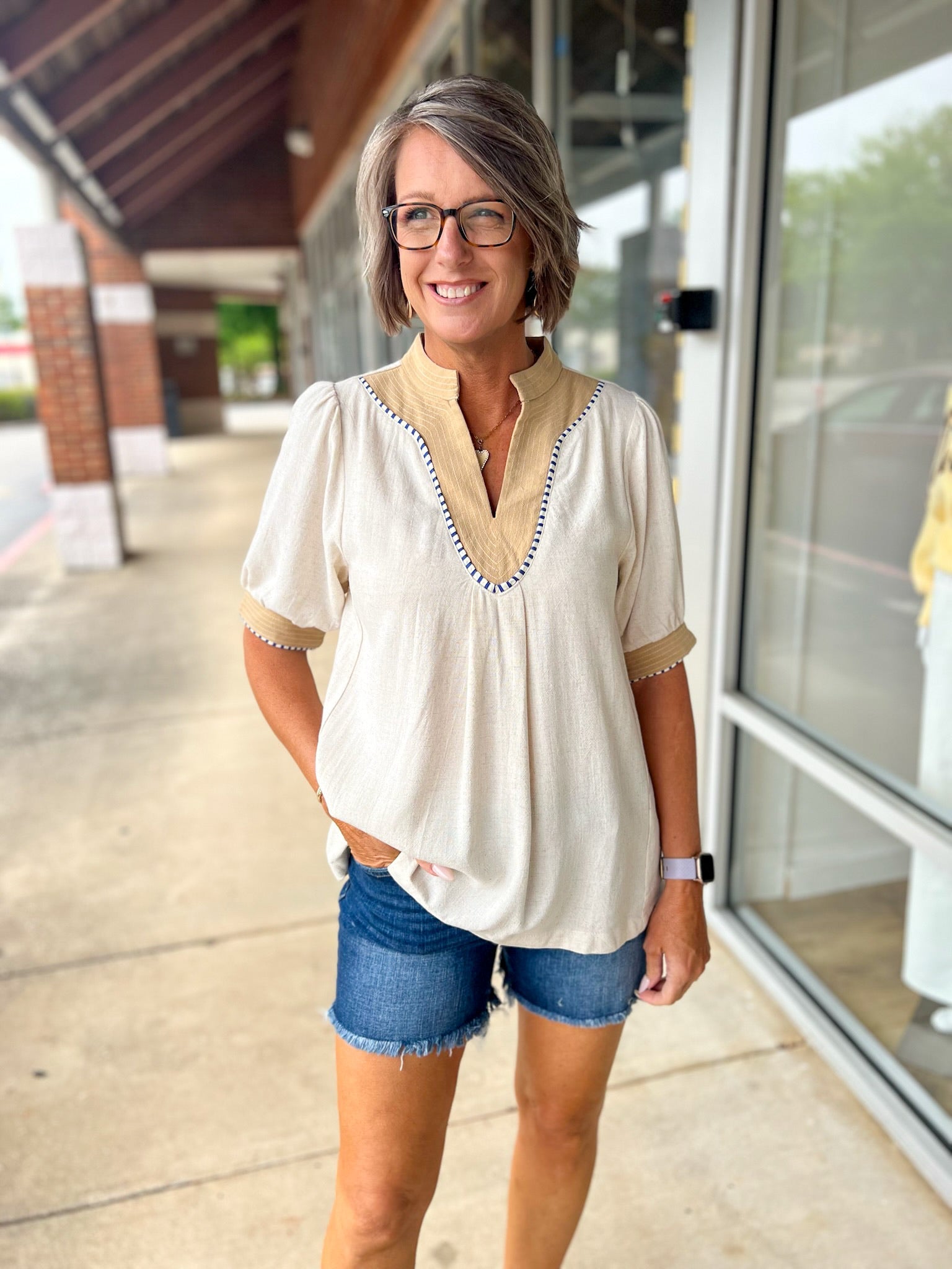 Oatmeal Mandarin Collar V - Neck Top with Elbow Length Sleeves - A'Bekah's Boutique