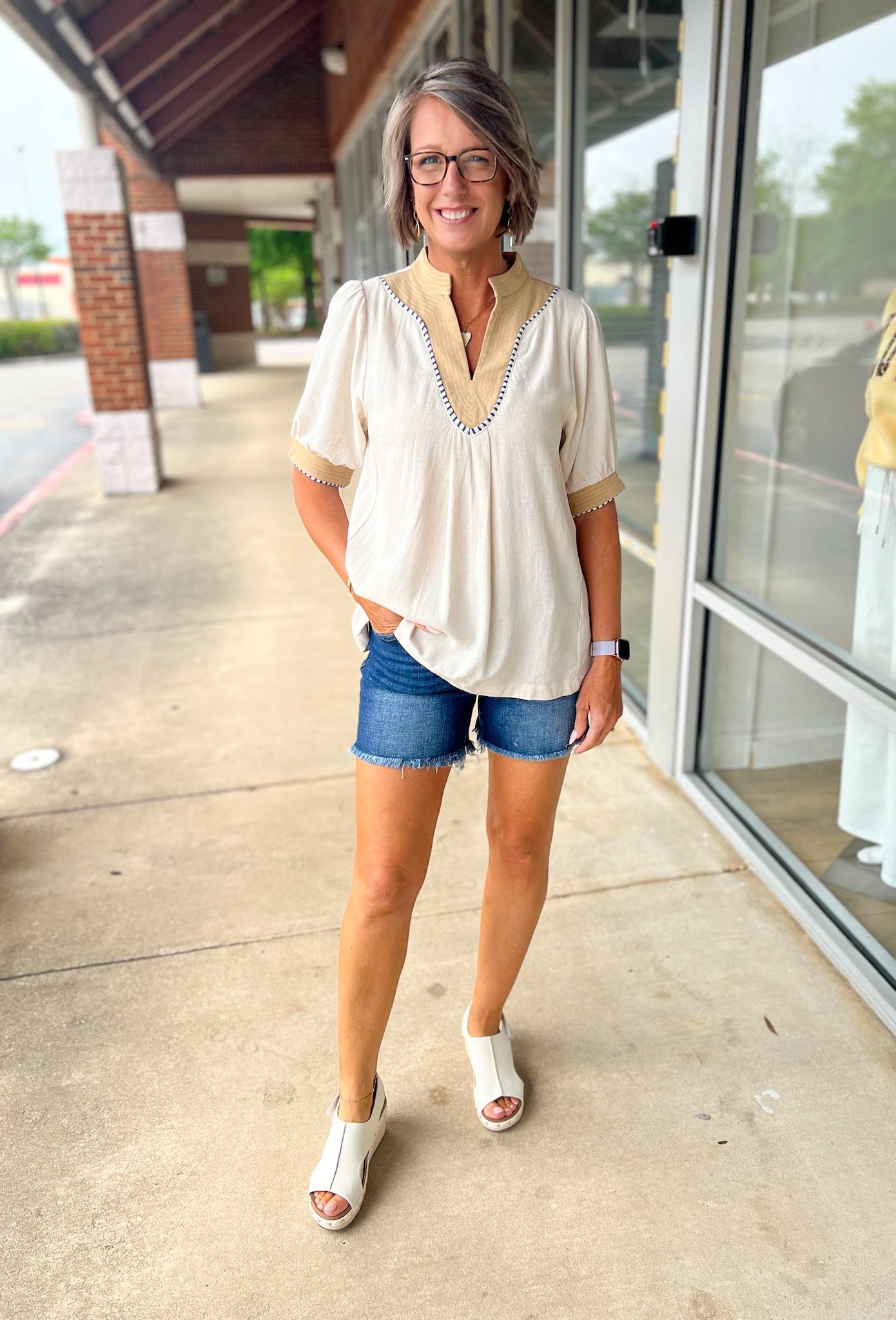 Oatmeal Mandarin Collar V - Neck Top with Elbow Length Sleeves - A'Bekah's Boutique