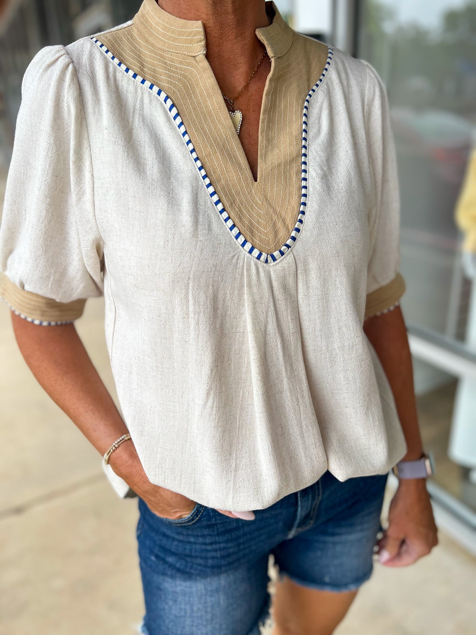 Oatmeal Mandarin Collar V - Neck Top with Elbow Length Sleeves - A'Bekah's Boutique