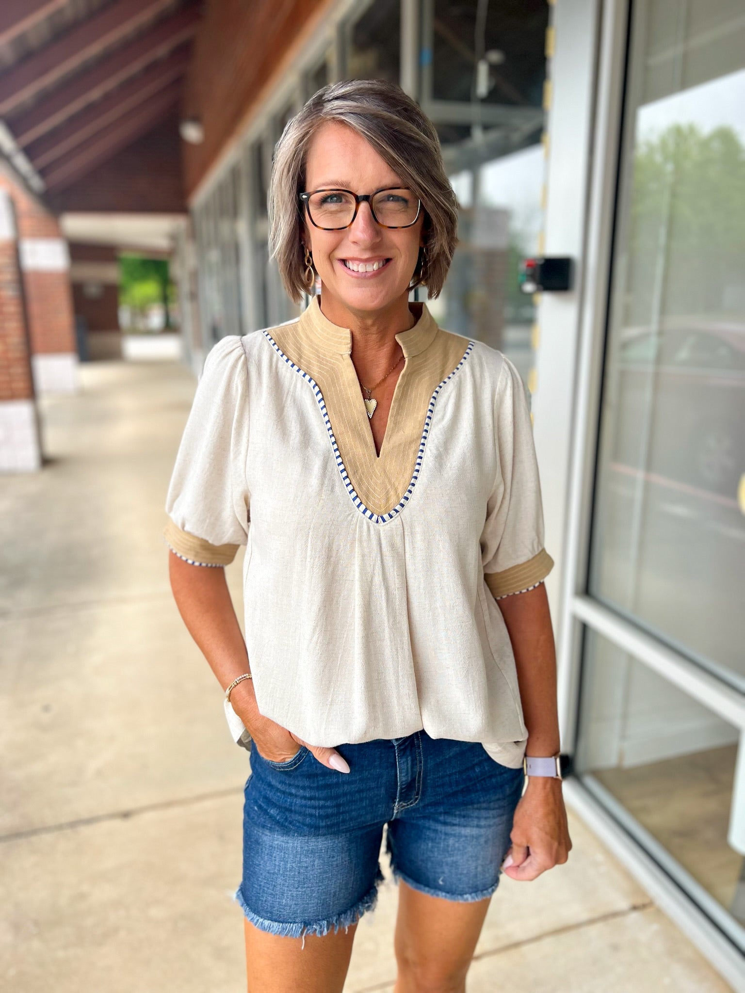 Oatmeal Mandarin Collar V - Neck Top with Elbow Length Sleeves - A'Bekah's Boutique