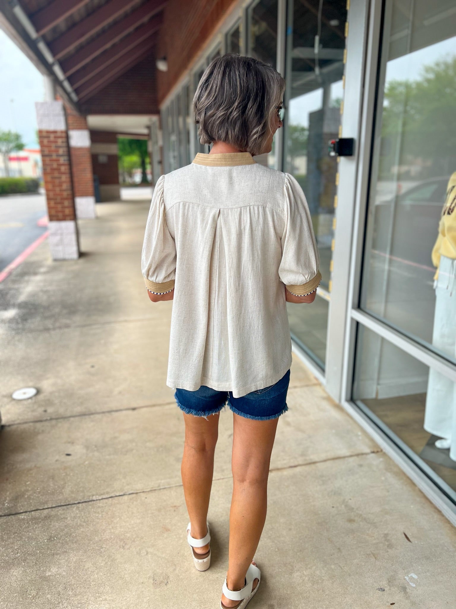 Oatmeal Mandarin Collar V - Neck Top with Elbow Length Sleeves - A'Bekah's Boutique