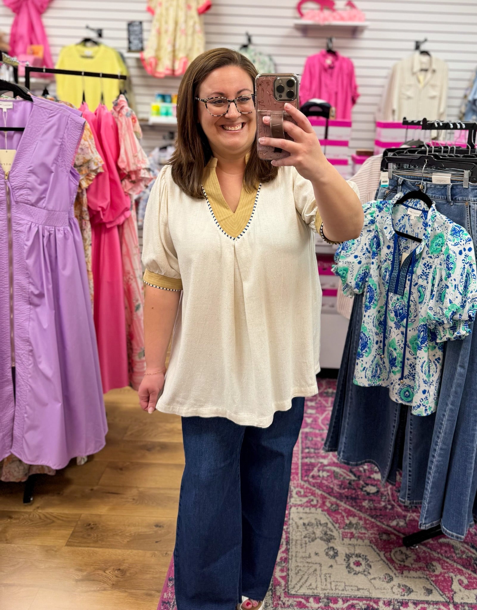 Oatmeal Mandarin Collar V - Neck Top with Elbow Length Sleeves - A'Bekah's Boutique