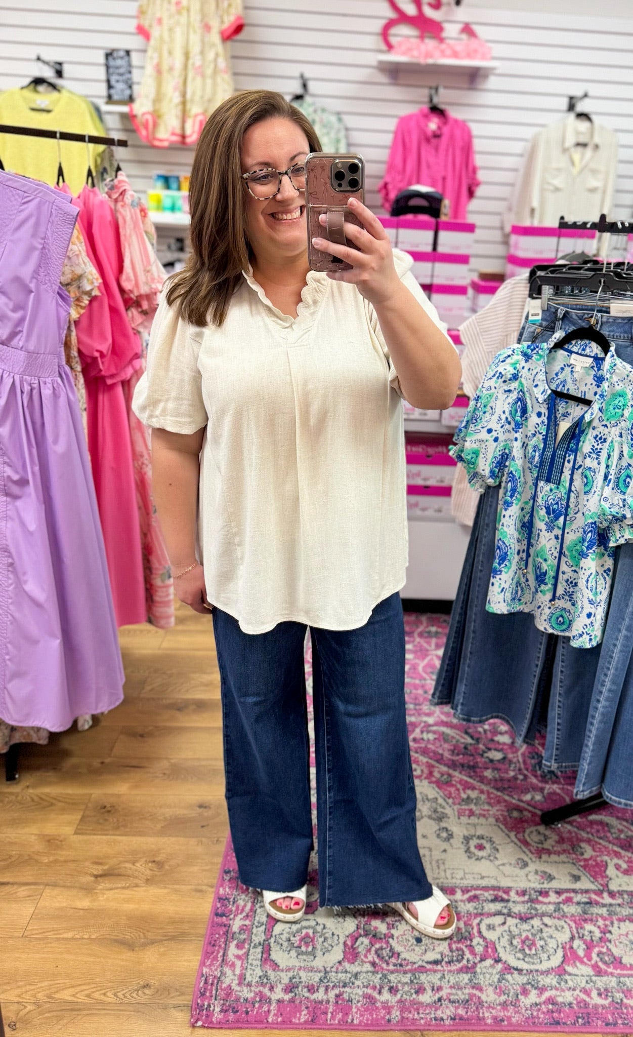 Oatmeal Scalloped Trim V - Neck Top - A'Bekah's Boutique