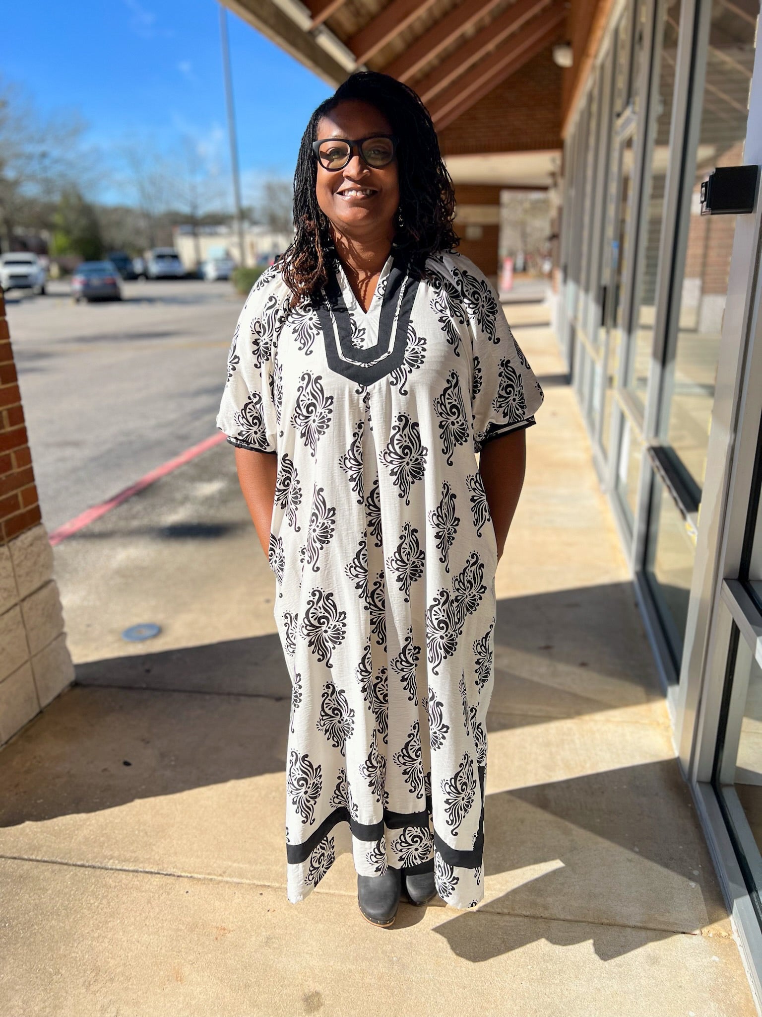 Off White Abstract Print A - Line V - Neck Midi Dress (C) - A'Bekah's Boutique