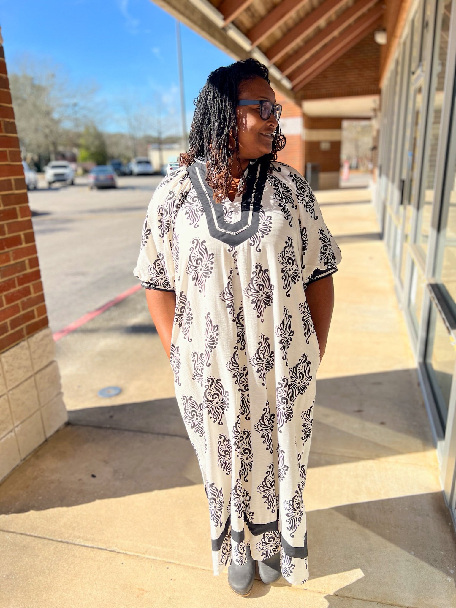 Off White Abstract Print A - Line V - Neck Midi Dress (C) - A'Bekah's Boutique