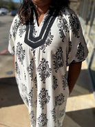 Off White Abstract Print A - Line V - Neck Midi Dress (C) - A'Bekah's Boutique