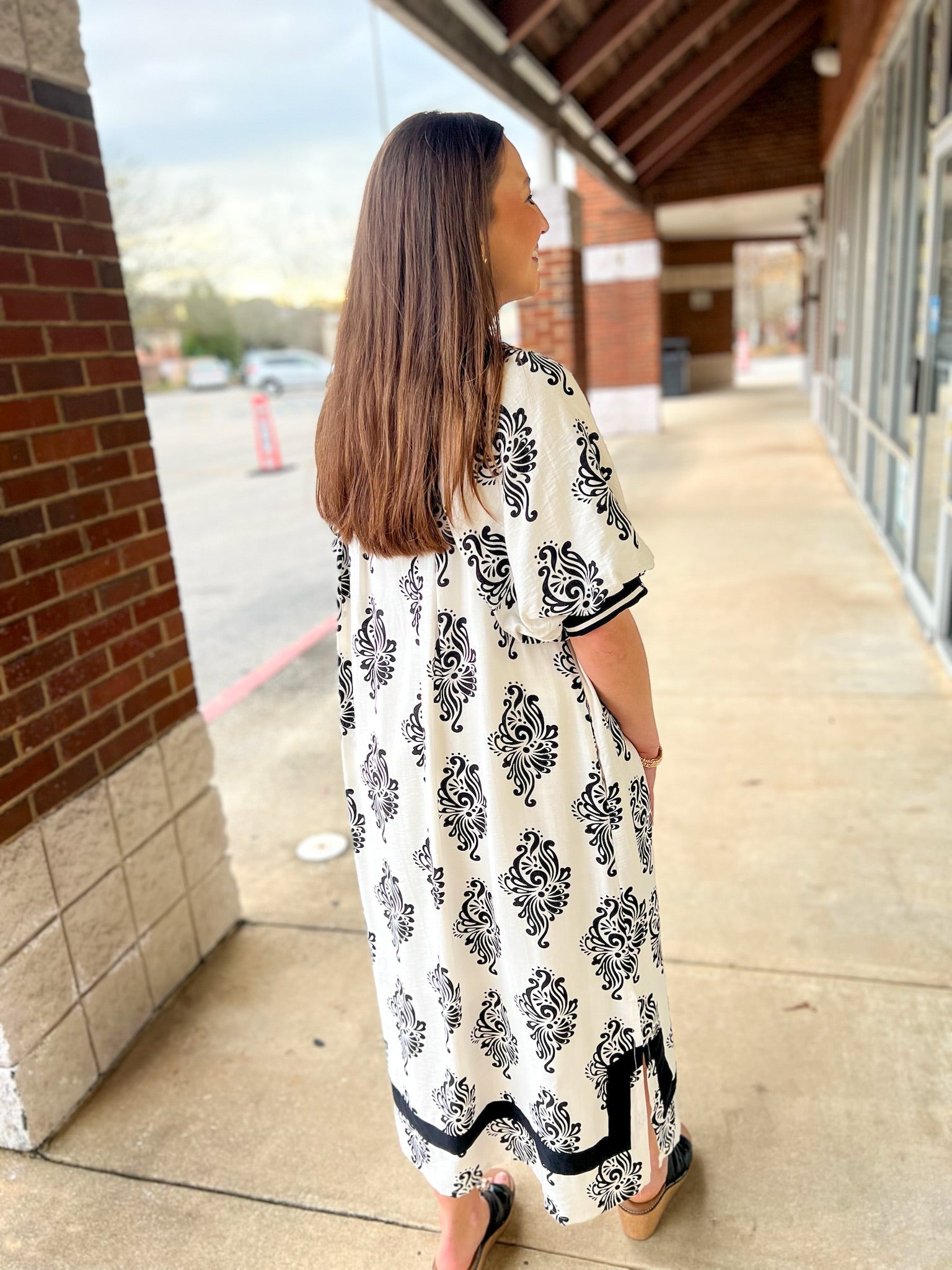 Off White Abstract Print A - Line V - Neck Midi Dress (R) - A'Bekah's Boutique
