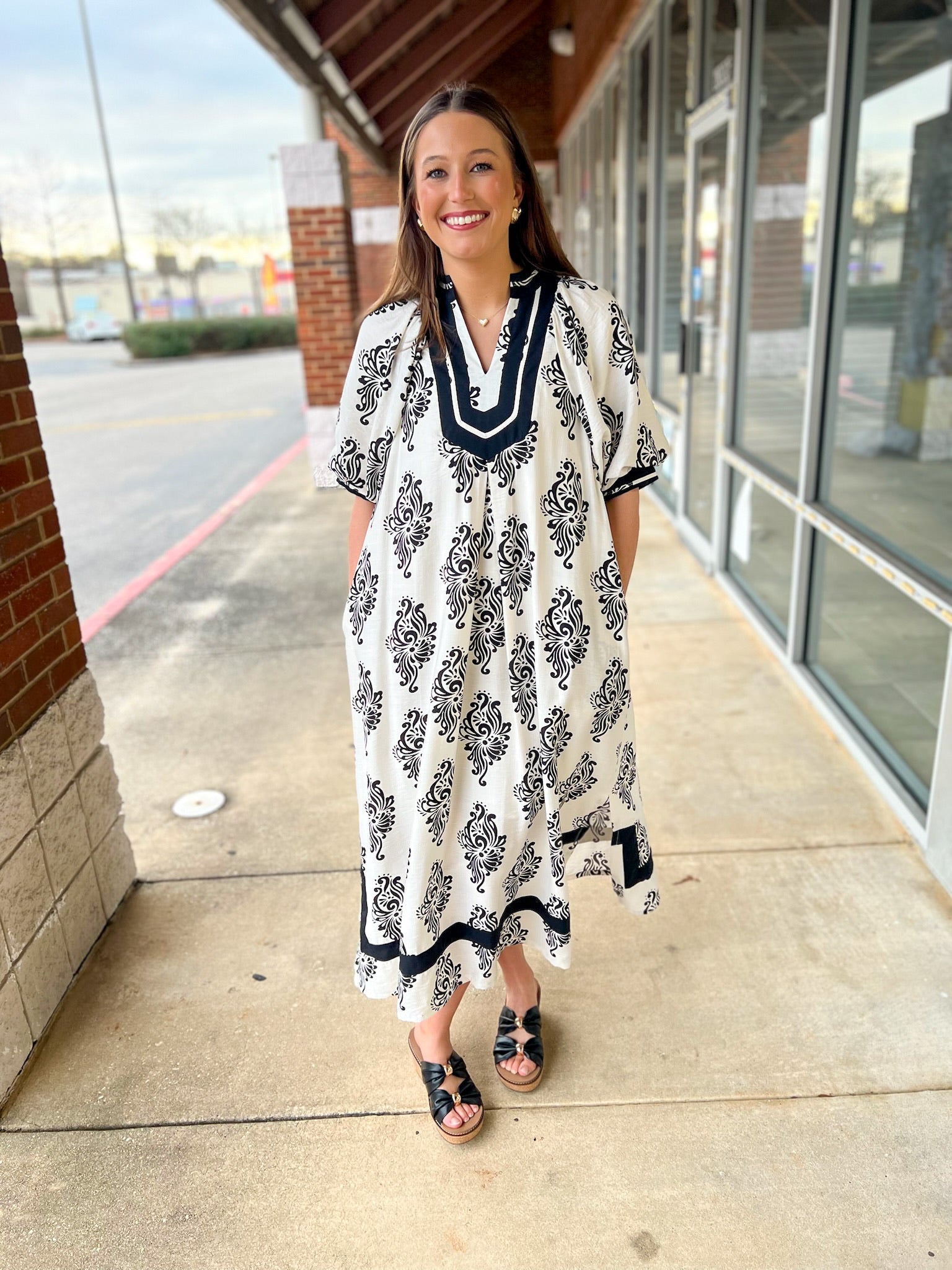 Off White Abstract Print A - Line V - Neck Midi Dress (R) - A'Bekah's Boutique