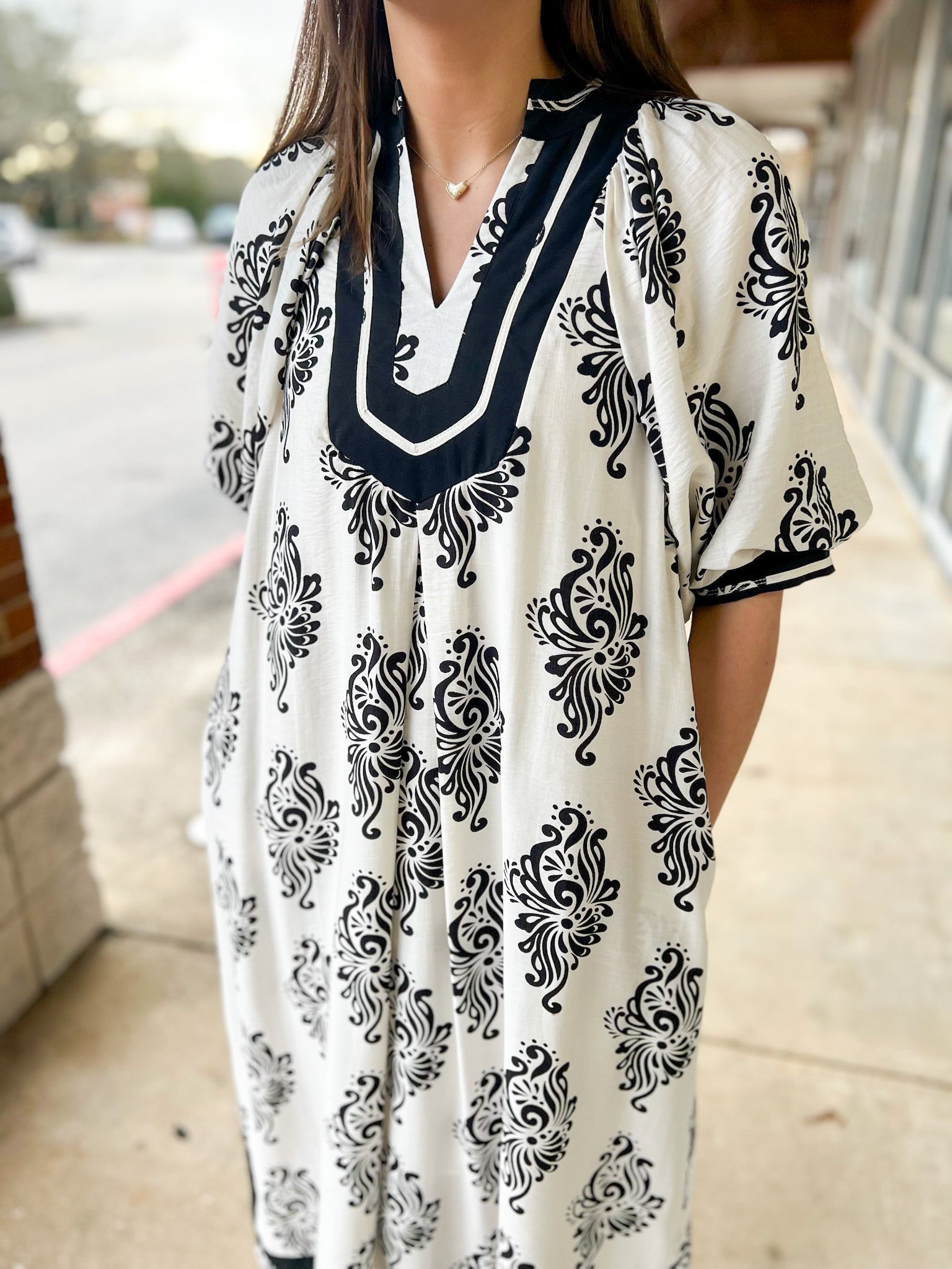 Off White Abstract Print A - Line V - Neck Midi Dress (R) - A'Bekah's Boutique