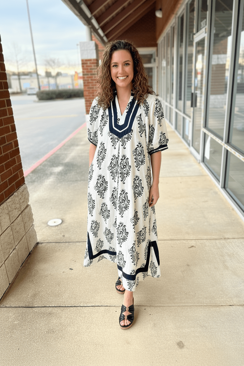 Off White Abstract Print A - Line V - Neck Midi Dress (R) - A'Bekah's Boutique