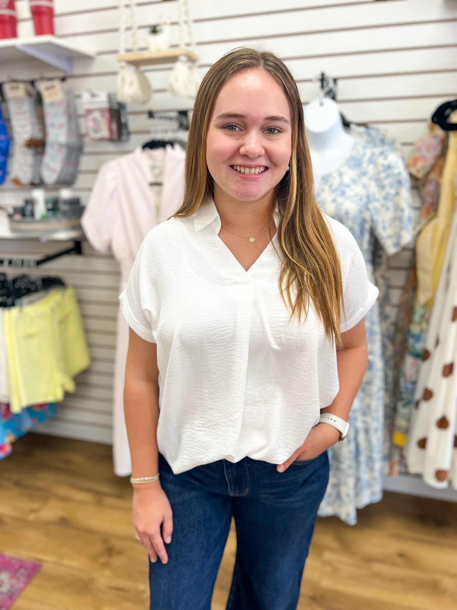 Off White Drop Shoulder V-Neck Short Sleeve Collared Top - A'Bekah's Boutique