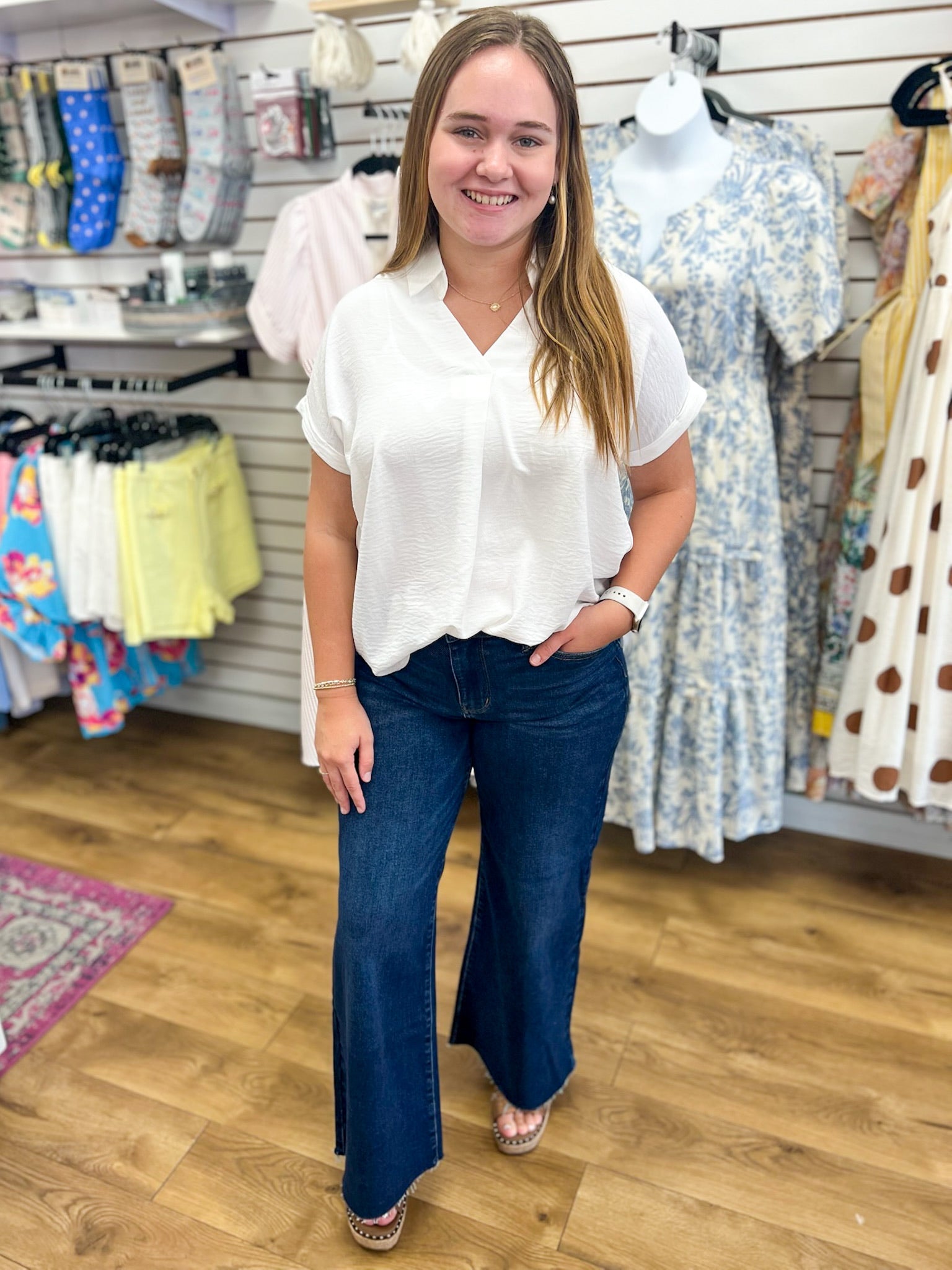 Off White Drop Shoulder V-Neck Short Sleeve Collared Top - A'Bekah's Boutique