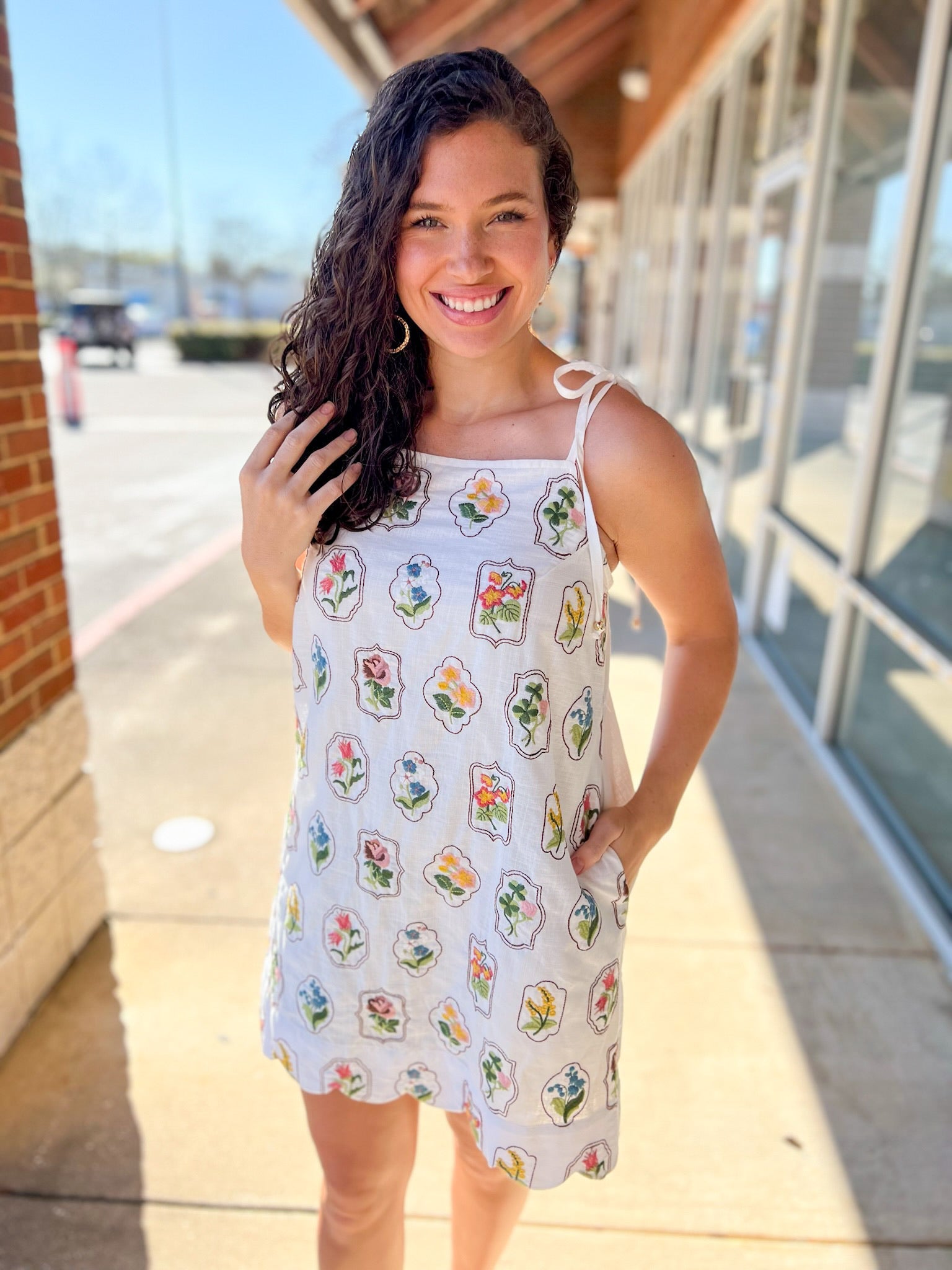 Off White Floral Embroidered Dress with Tie Shoulder Straps - A'Bekah's Boutique