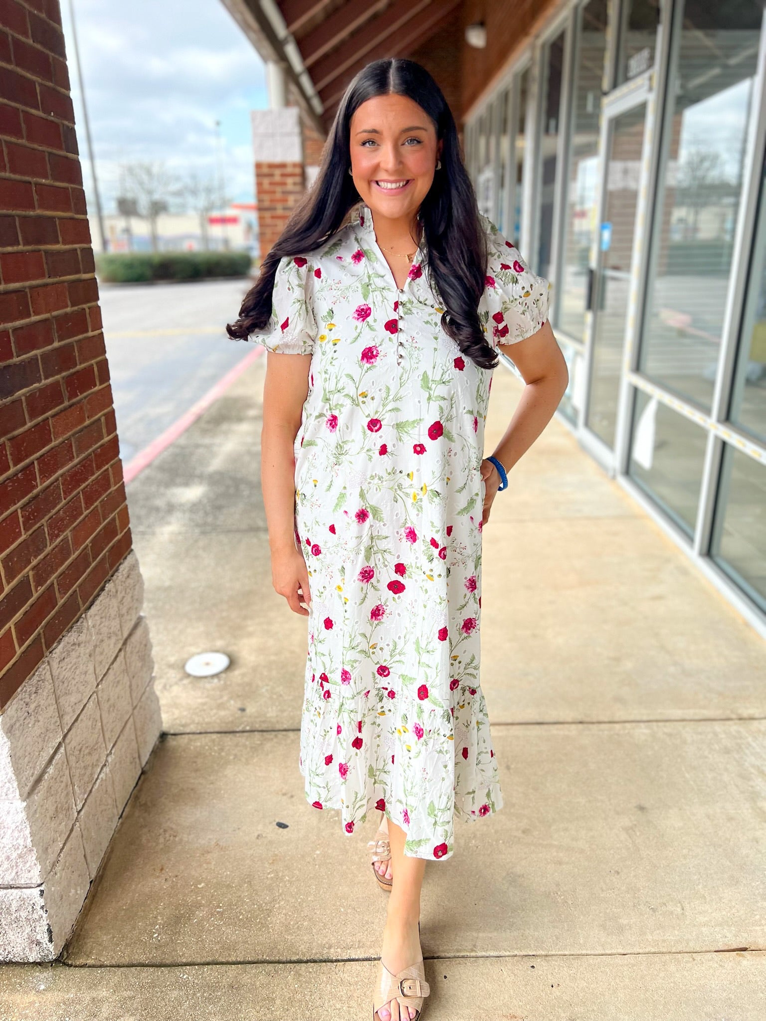 Off White Floral Eyelet Midi Dress - A'Bekah's Boutique