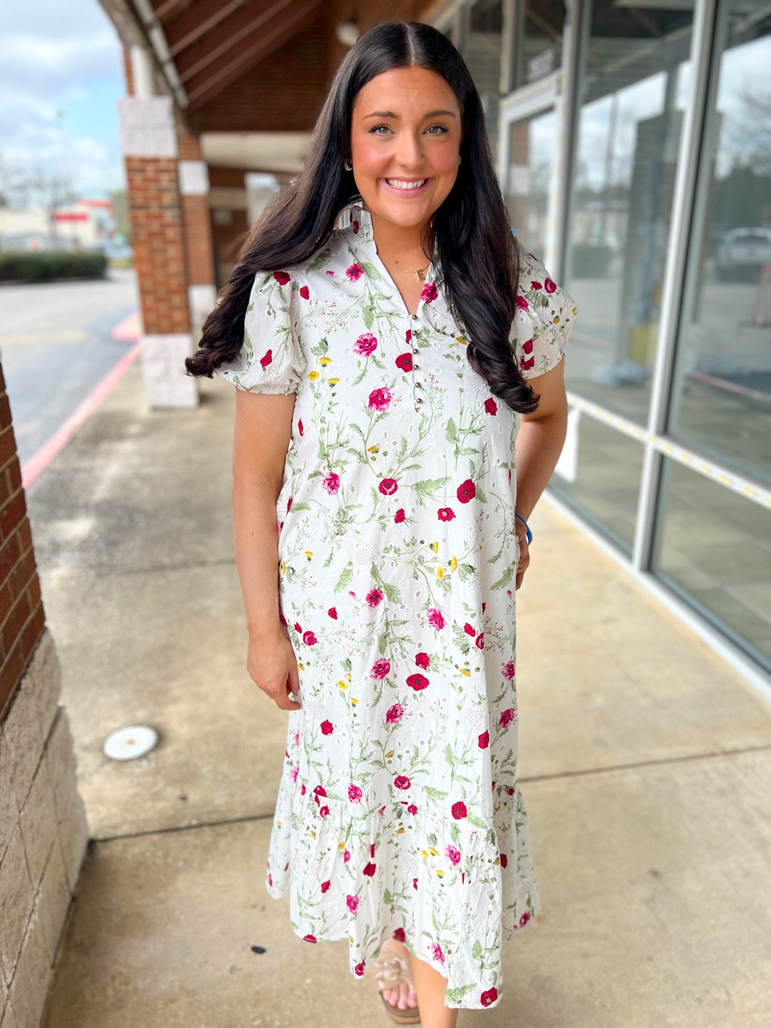 Off White Floral Eyelet Midi Dress - A'Bekah's Boutique