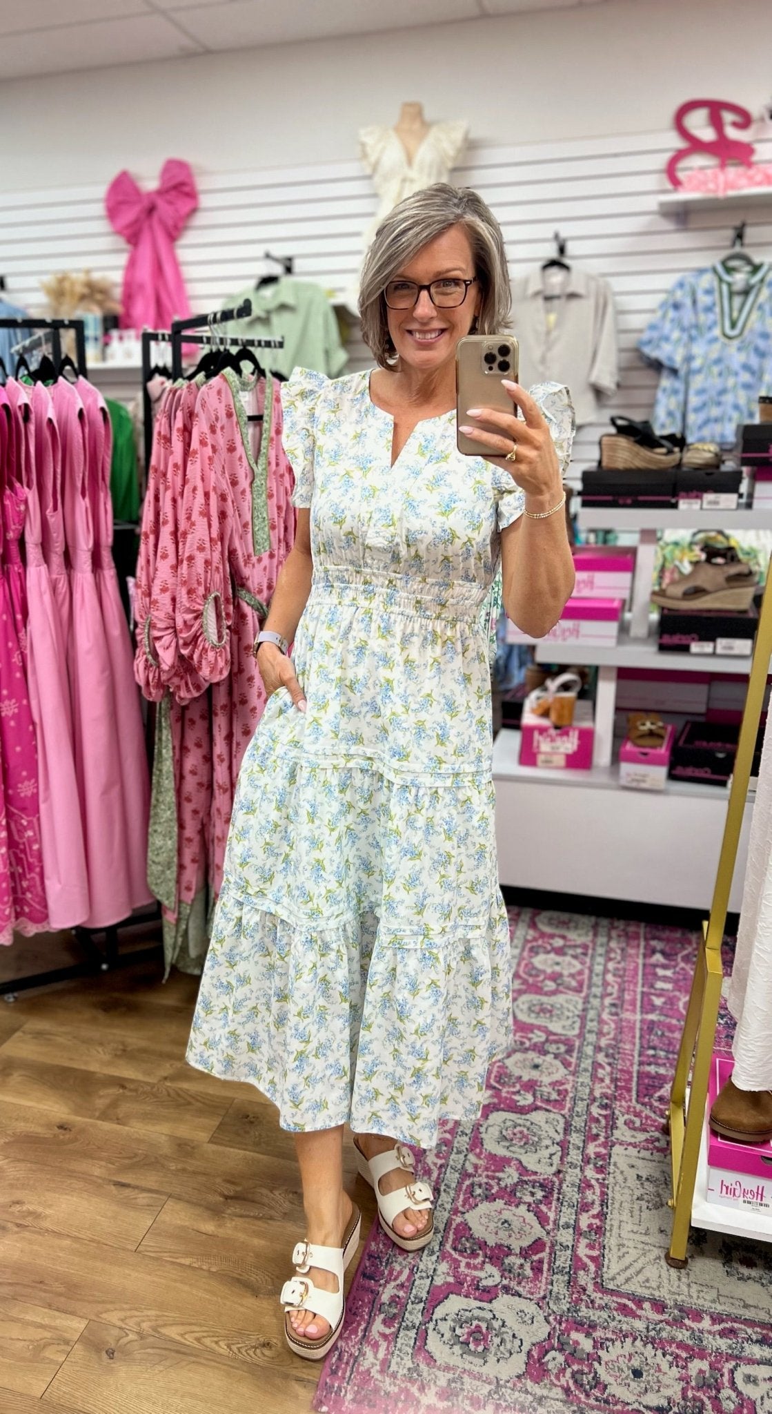 Off White Floral Ruffle Sleeved Midi Dress with Smocked Waist - A'Bekah's Boutique