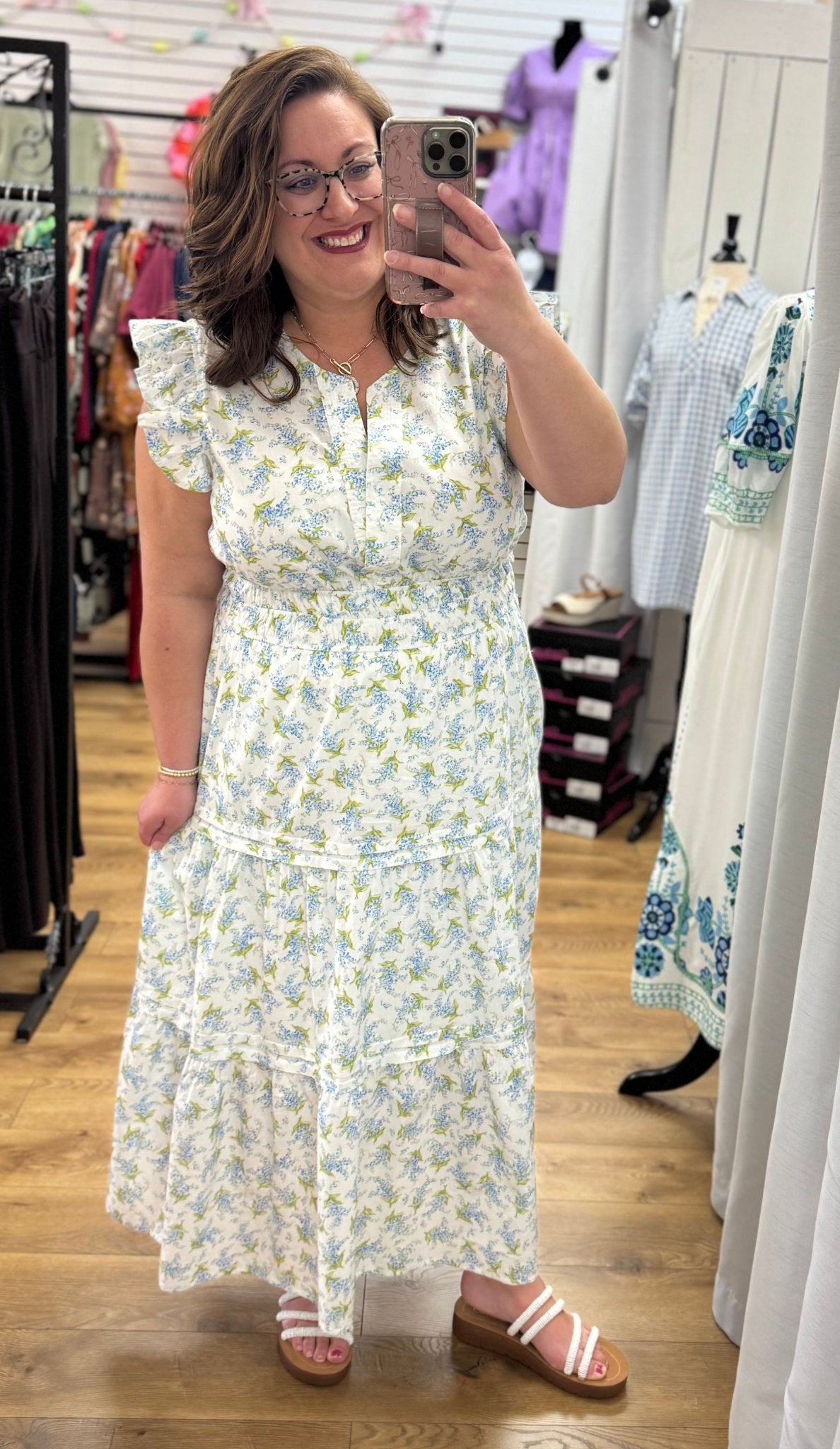 Off White Floral Ruffle Sleeved Midi Dress with Smocked Waist - A'Bekah's Boutique