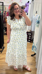 Off White Floral Ruffle Sleeved Midi Dress with Smocked Waist - A'Bekah's Boutique