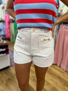 Off White High Waisted Shorts with Patch Pockets - A'Bekah's Boutique