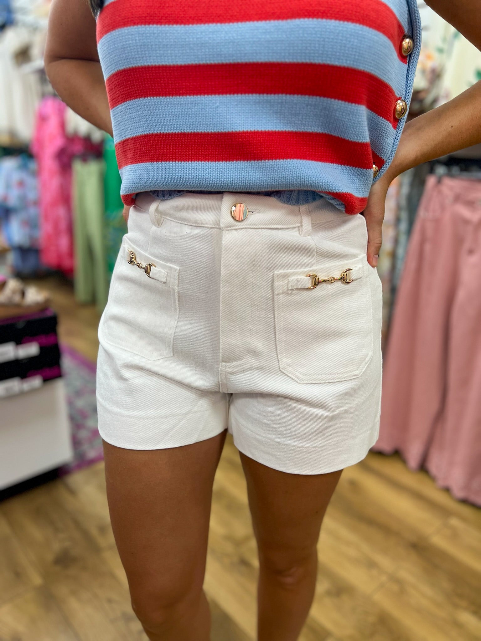 Off White High Waisted Shorts with Patch Pockets - A'Bekah's Boutique