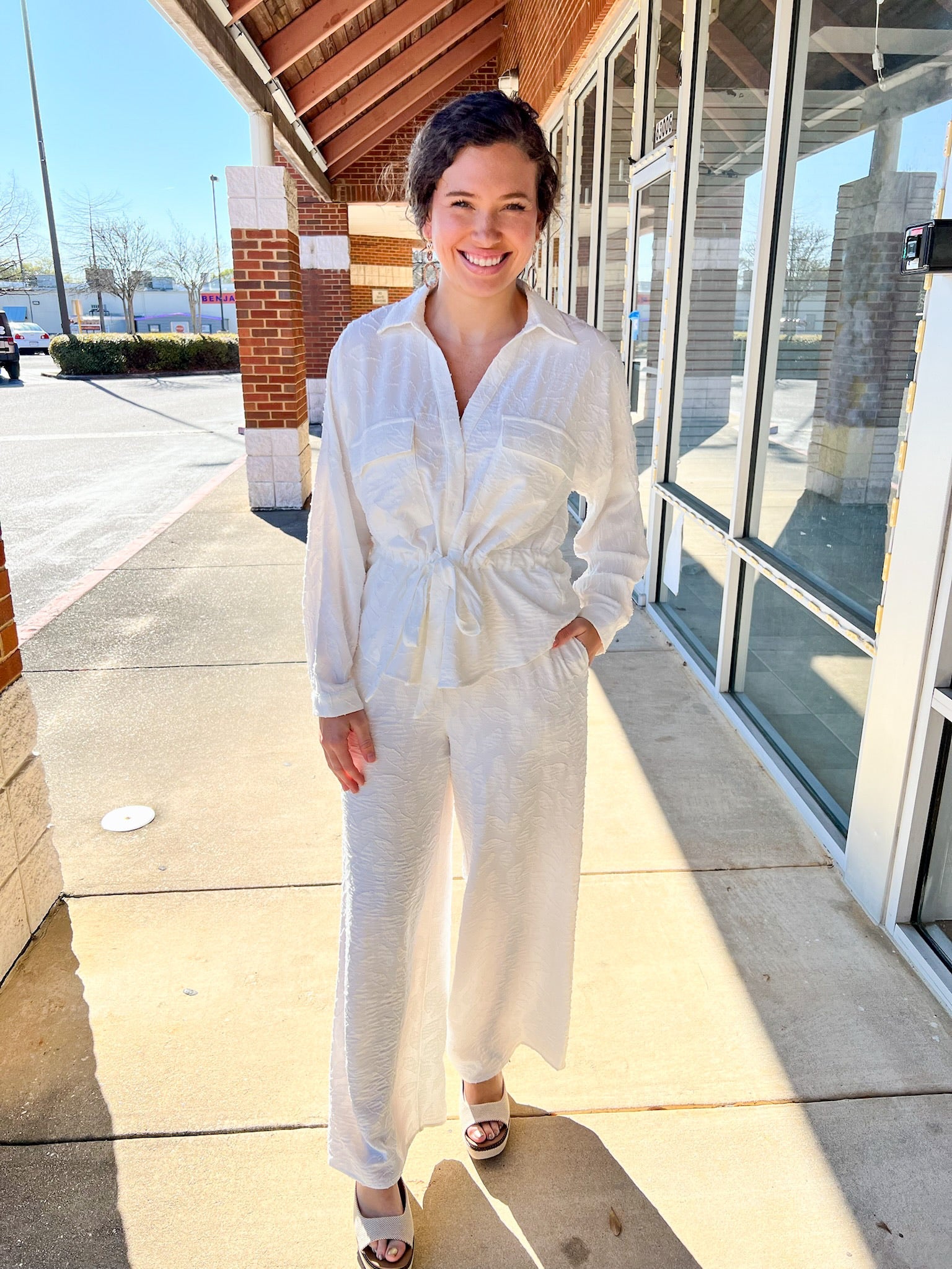 Off White Jacquard High Waisted Wide Leg Pants - A'Bekah's Boutique