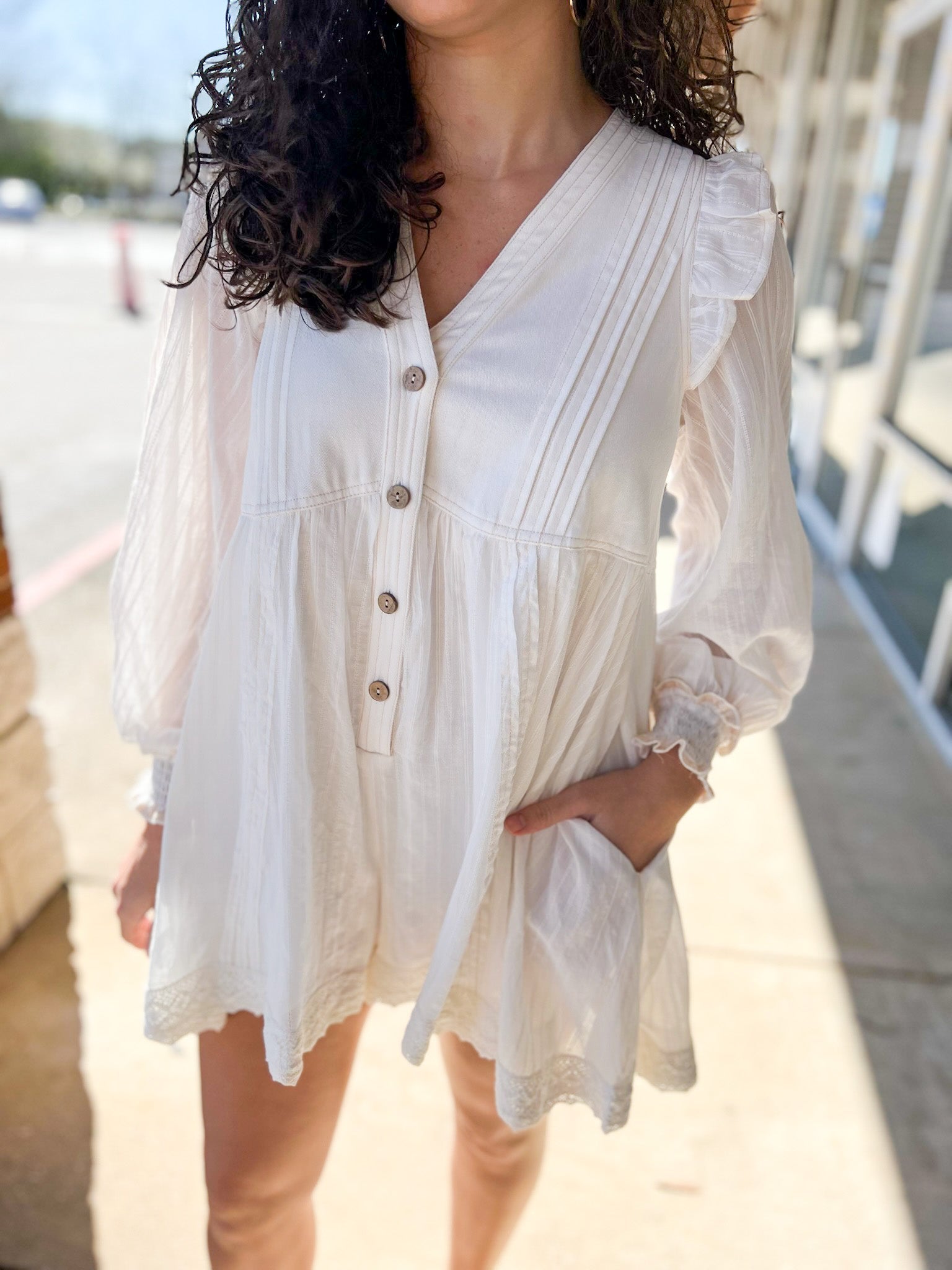Off White Long Bubble Sleeve Romper - A'Bekah's Boutique