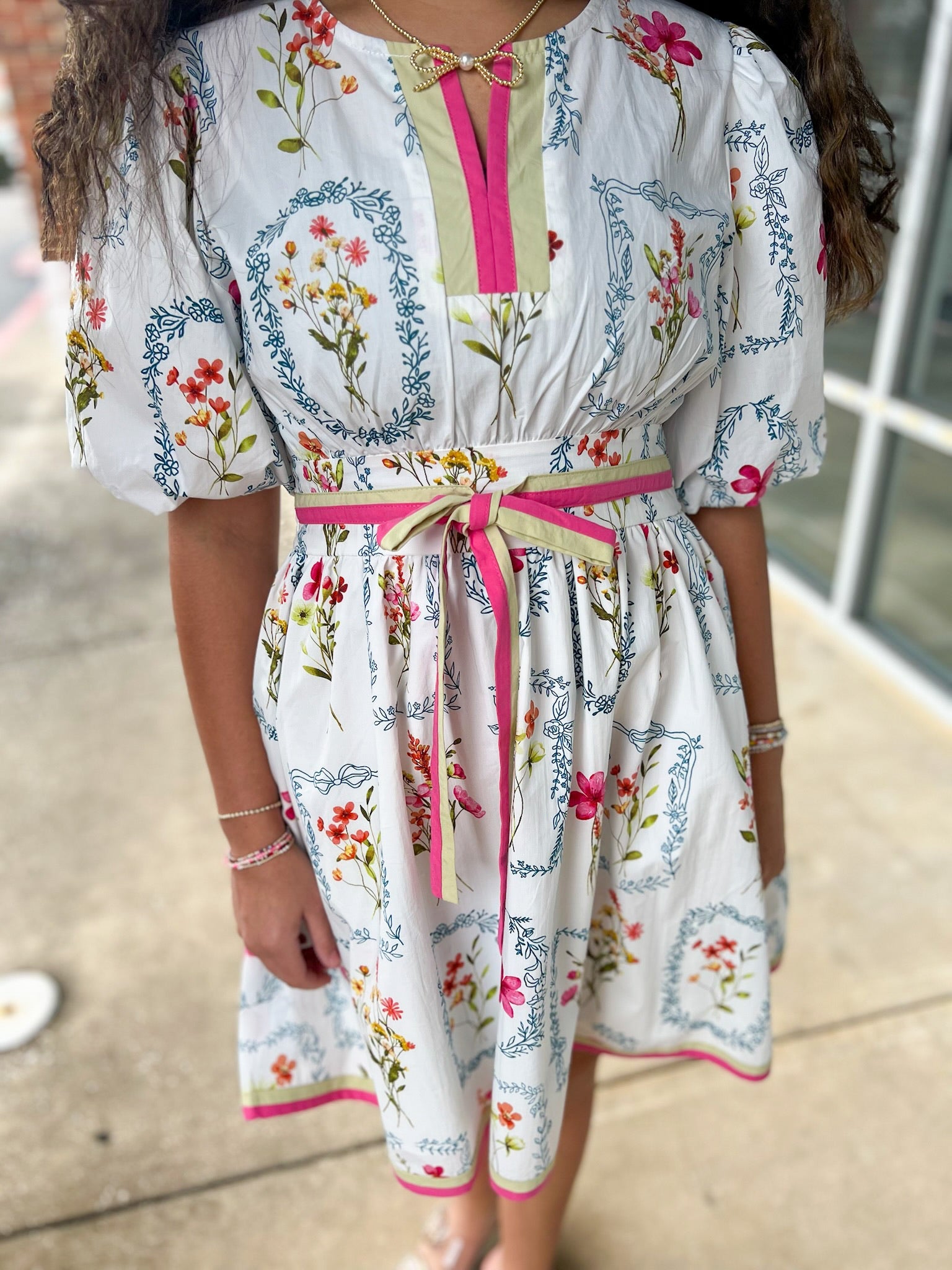 Off White Multi Floral Dress with Contrast Banding - A'Bekah's Boutique