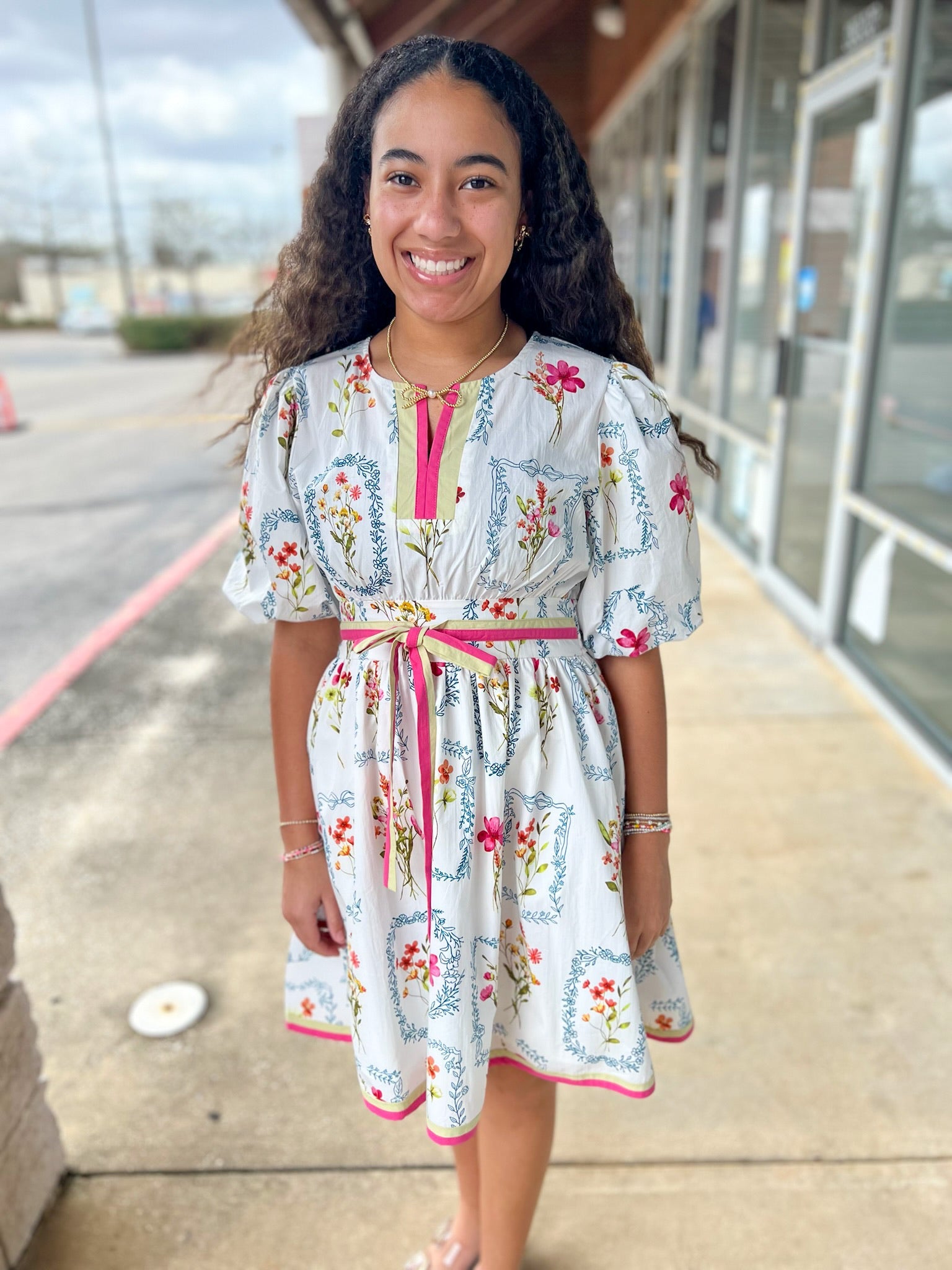 Off White Multi Floral Dress with Contrast Banding - A'Bekah's Boutique