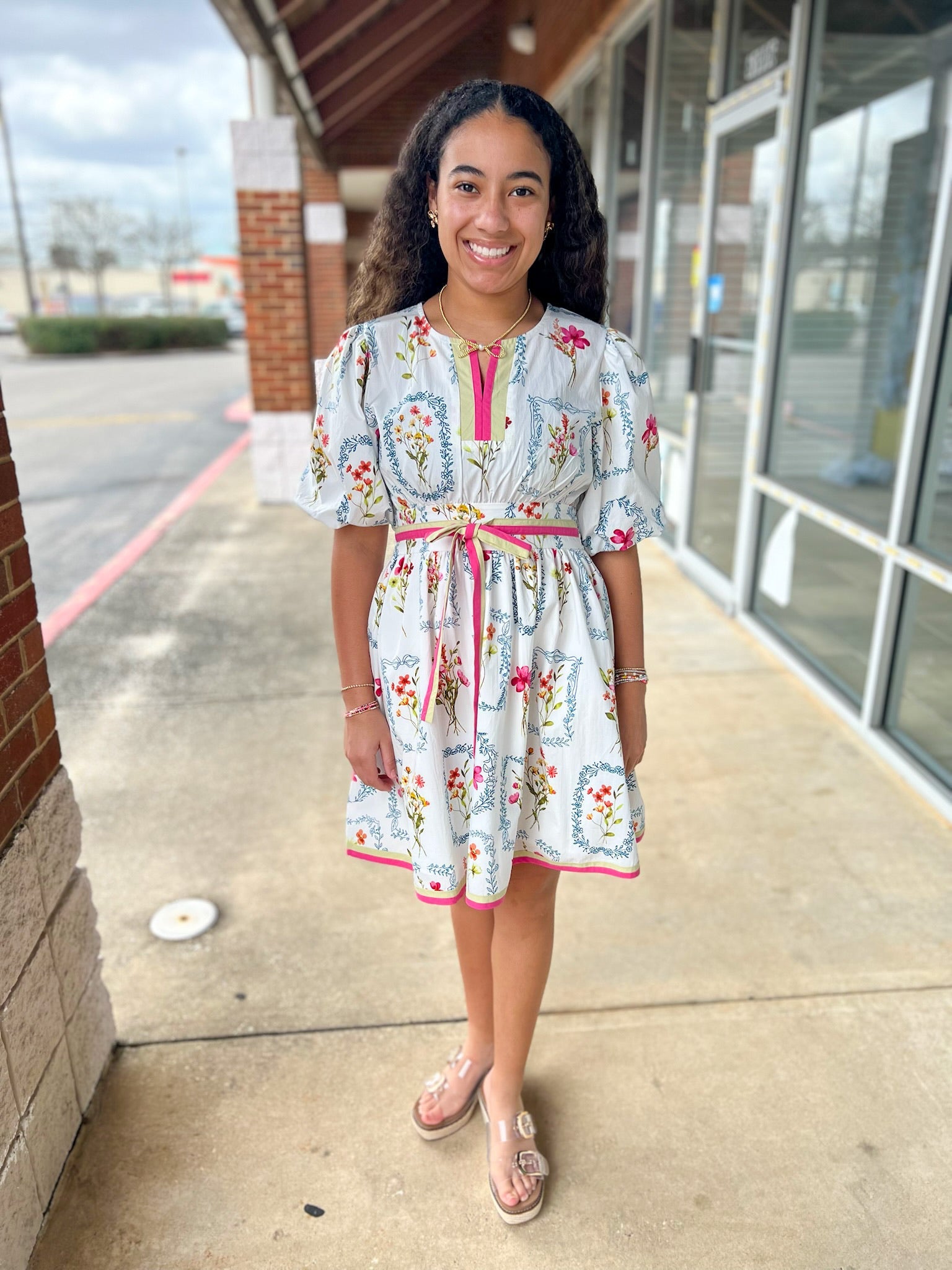 Off White Multi Floral Dress with Contrast Banding - A'Bekah's Boutique